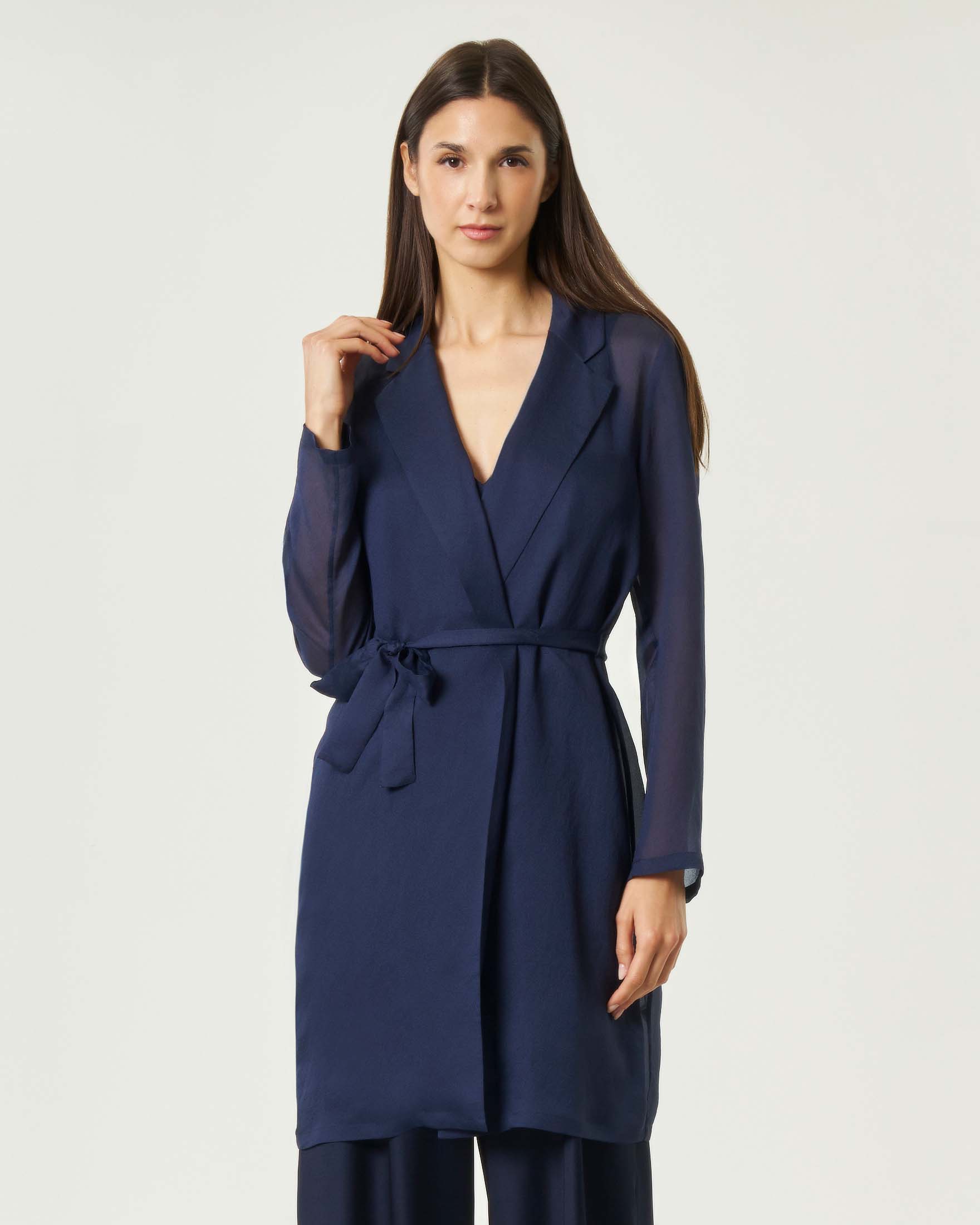 Blazer blu in organza di misto viscosa aperto con cintura in vita