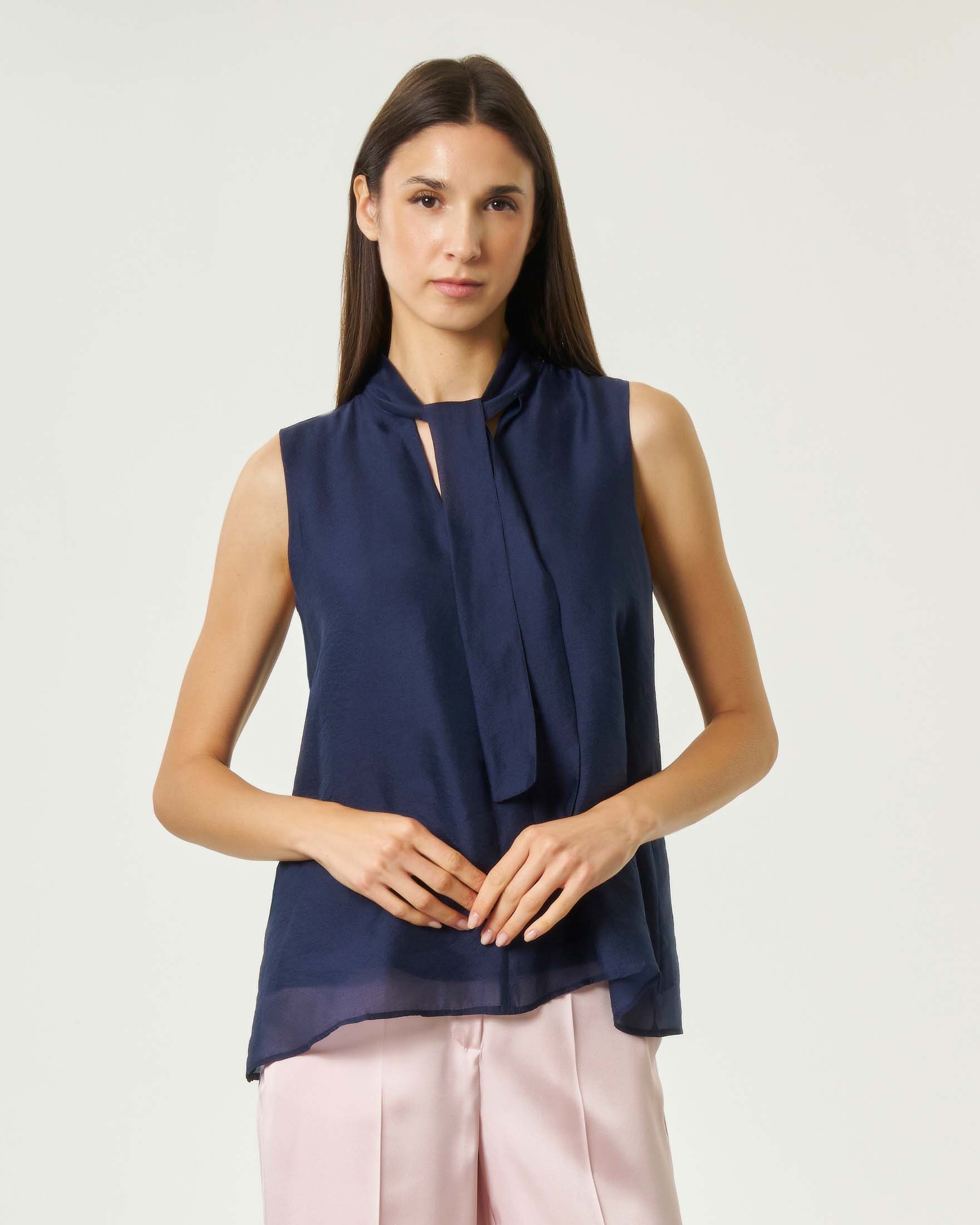 Blusa senza maniche Emme Marella blu in organza di viscosa con fiocco da annodare