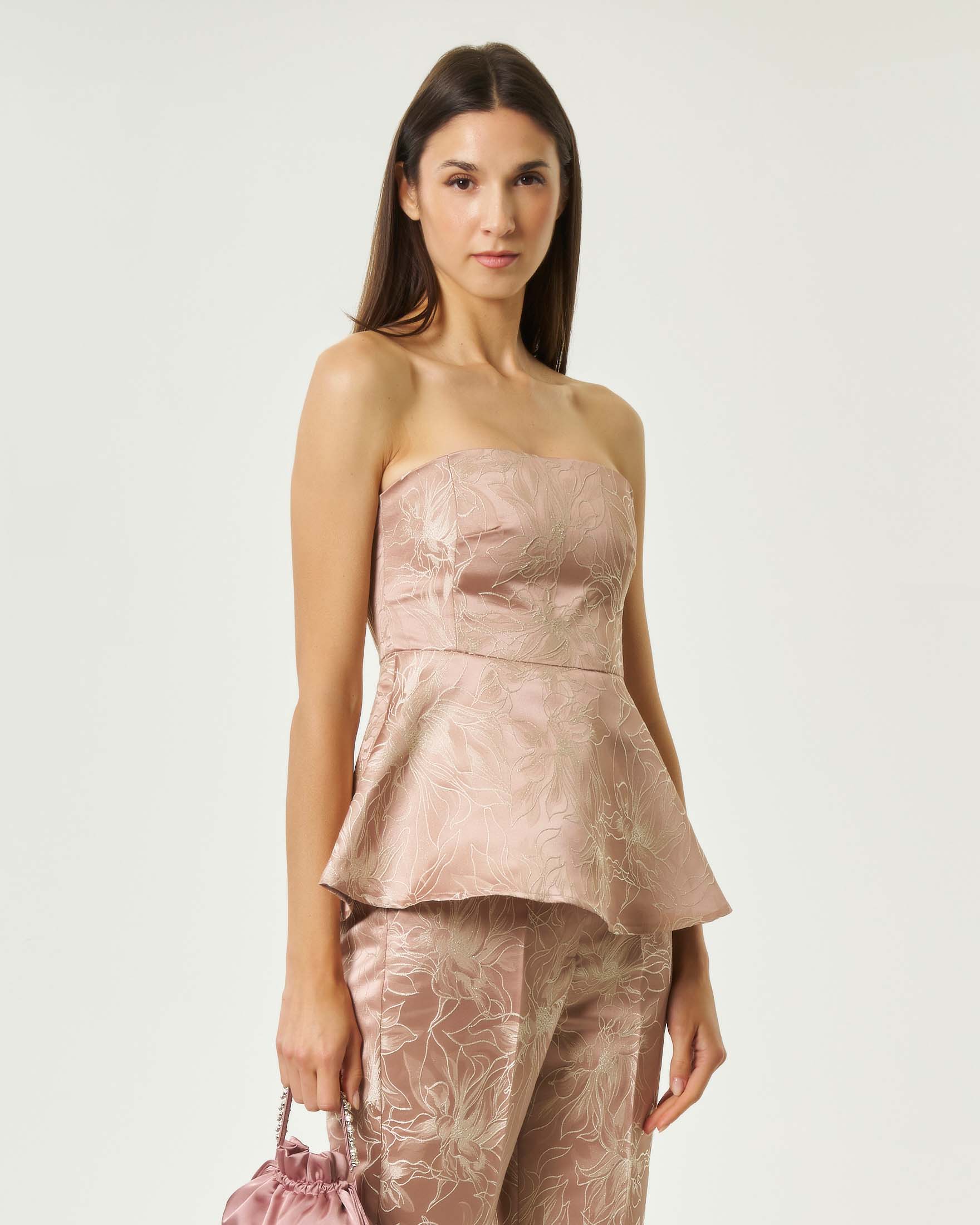 Top bustier Emme Marella color malva in tessuto jacquard con volant e pince laterali image