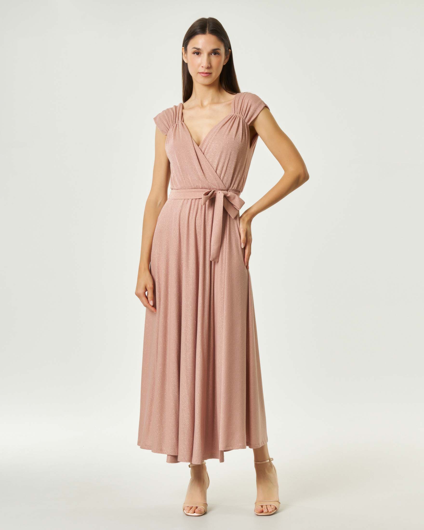 Abito lungo senza maniche color malva in viscosa e lurex con scollo a V e cintura