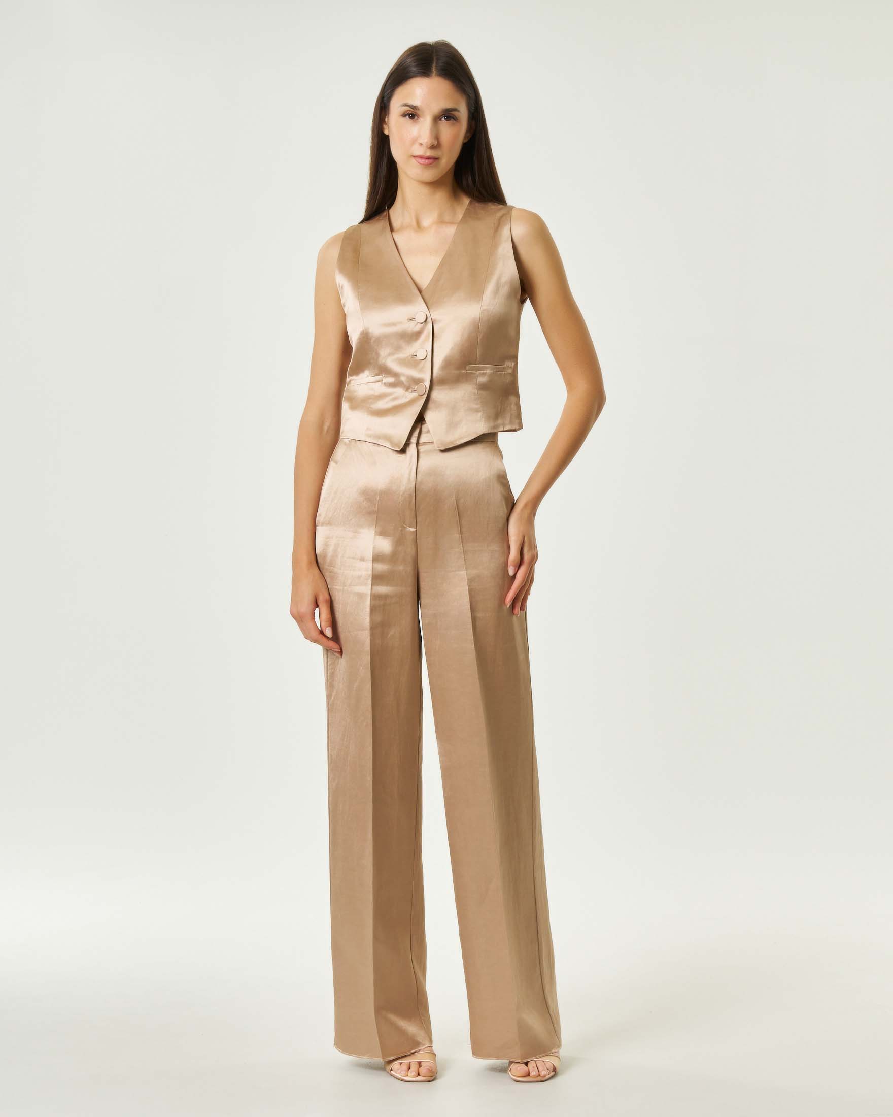 Completo elegante Emme Marella color oro in raso di viscosa e lino con gilet e pantalone palazzo