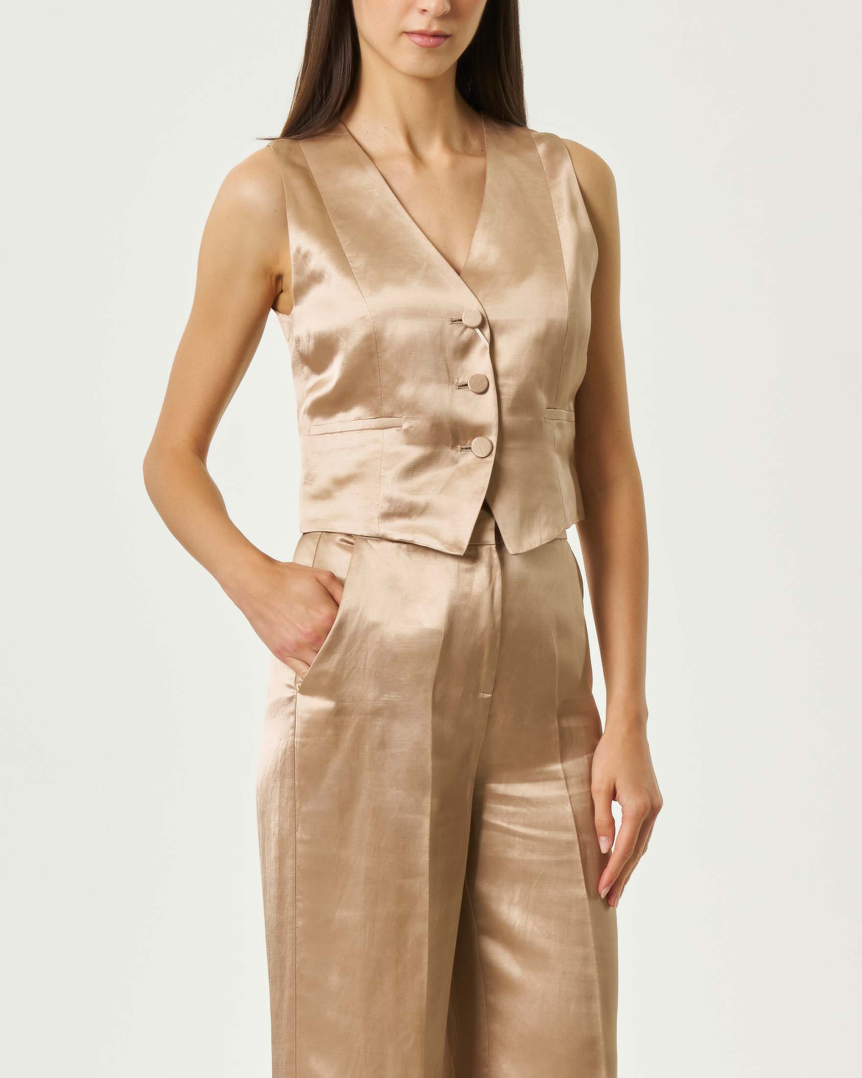 Completo elegante Emme Marella color oro in raso di viscosa e lino con gilet e pantalone palazzo image