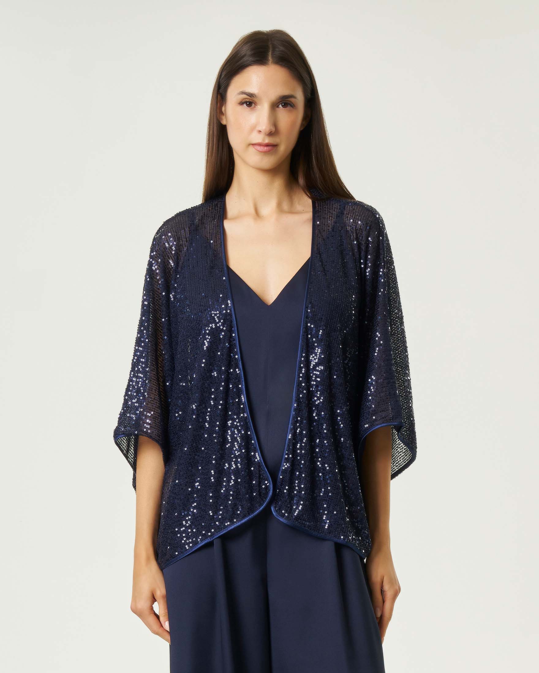 Coprispalle Emme Marella blu con paillettes e maniche a kimono