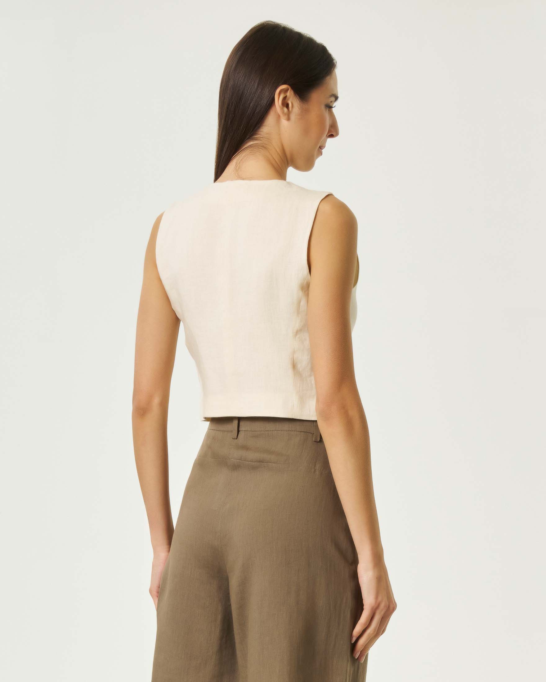 Gilet aderente Emme Marella écru in puro lino con scollo a V e bottoni