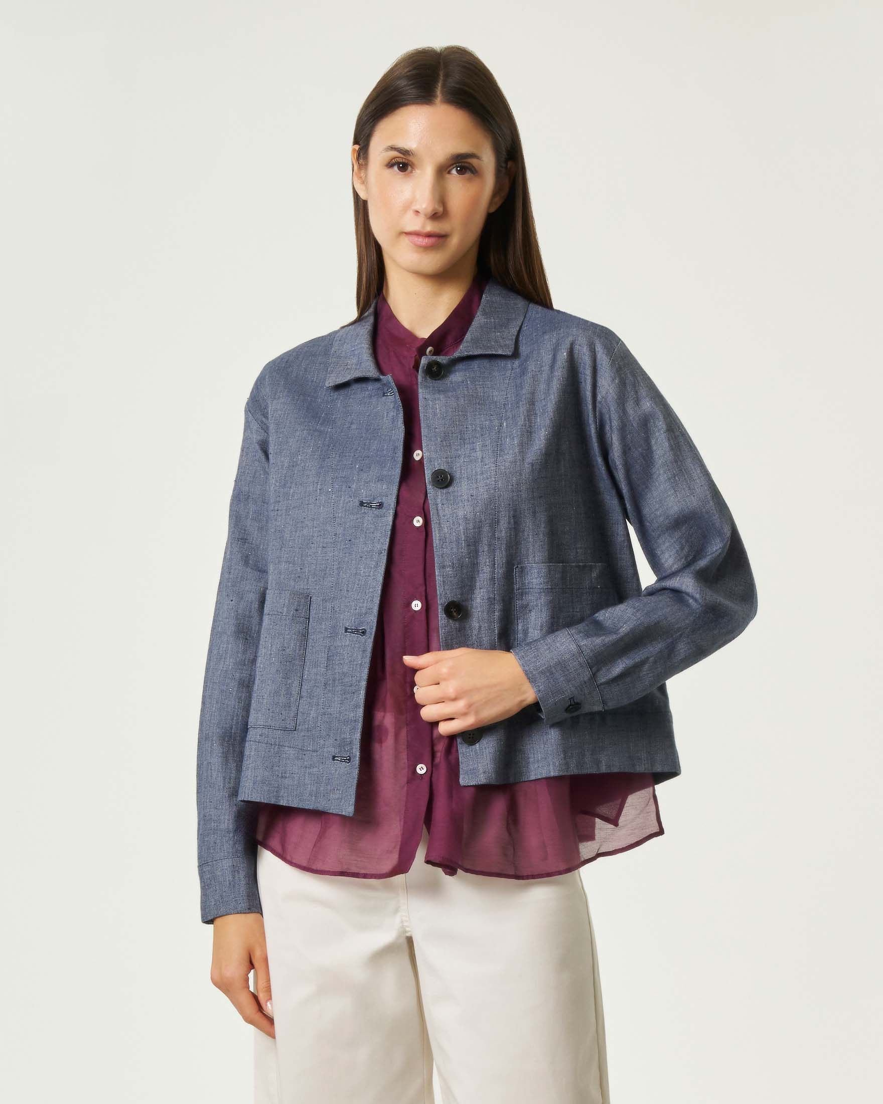 Giacca a camicia in misto cotone e lino effetto denim