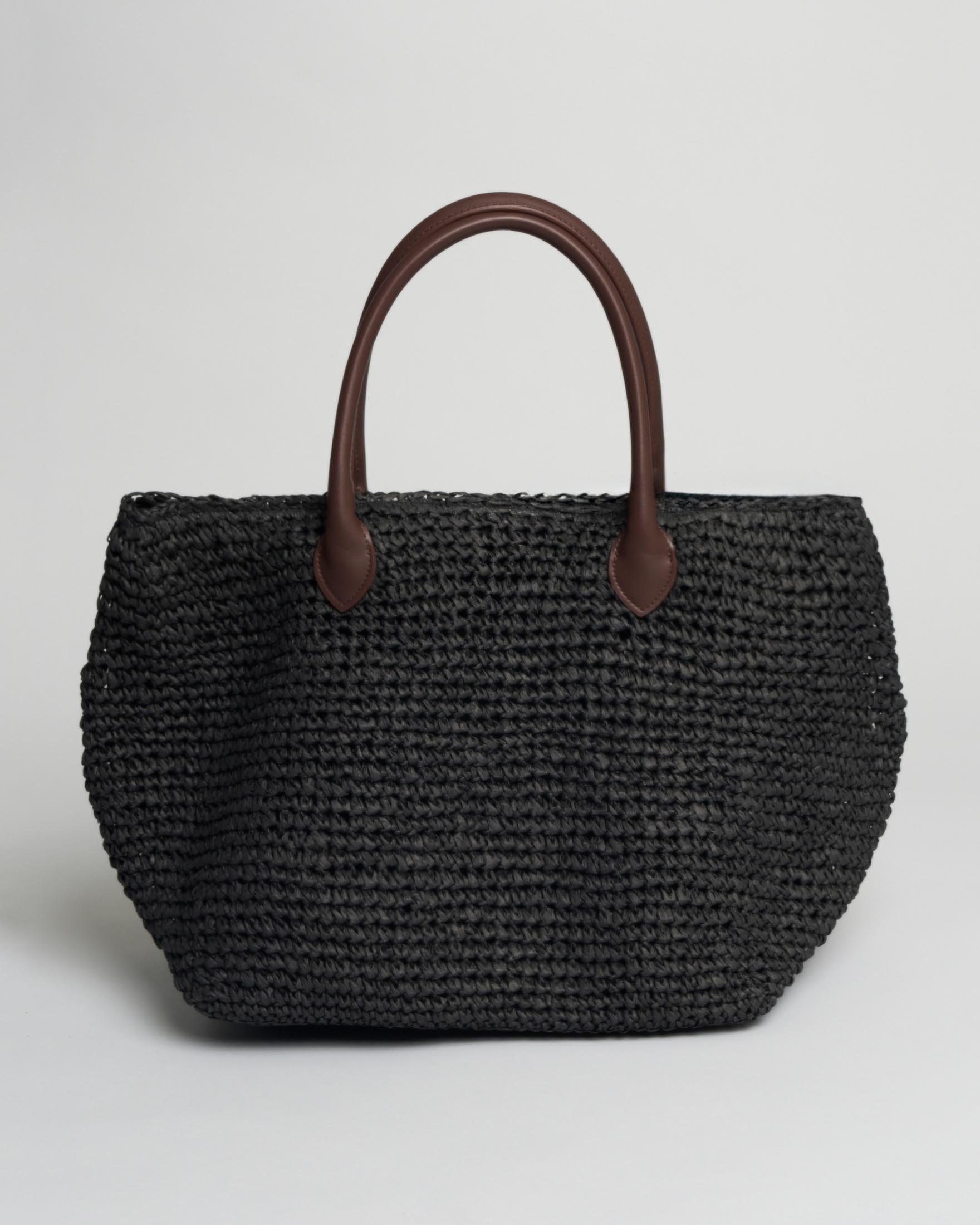 Shopping bag Emme Marella in rafia nero e marrone con manici in jersey spalmato
