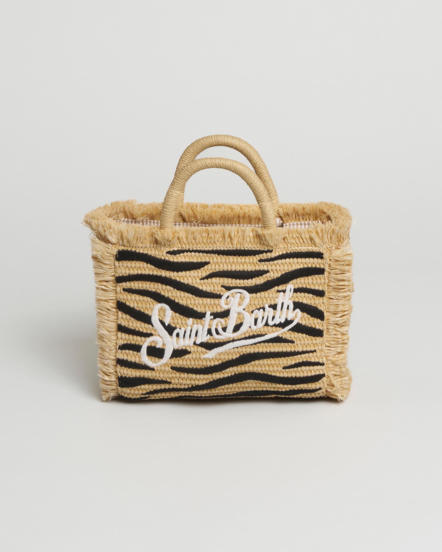 Borsa Vanity Mini effetto paglia con ricamo zebrato