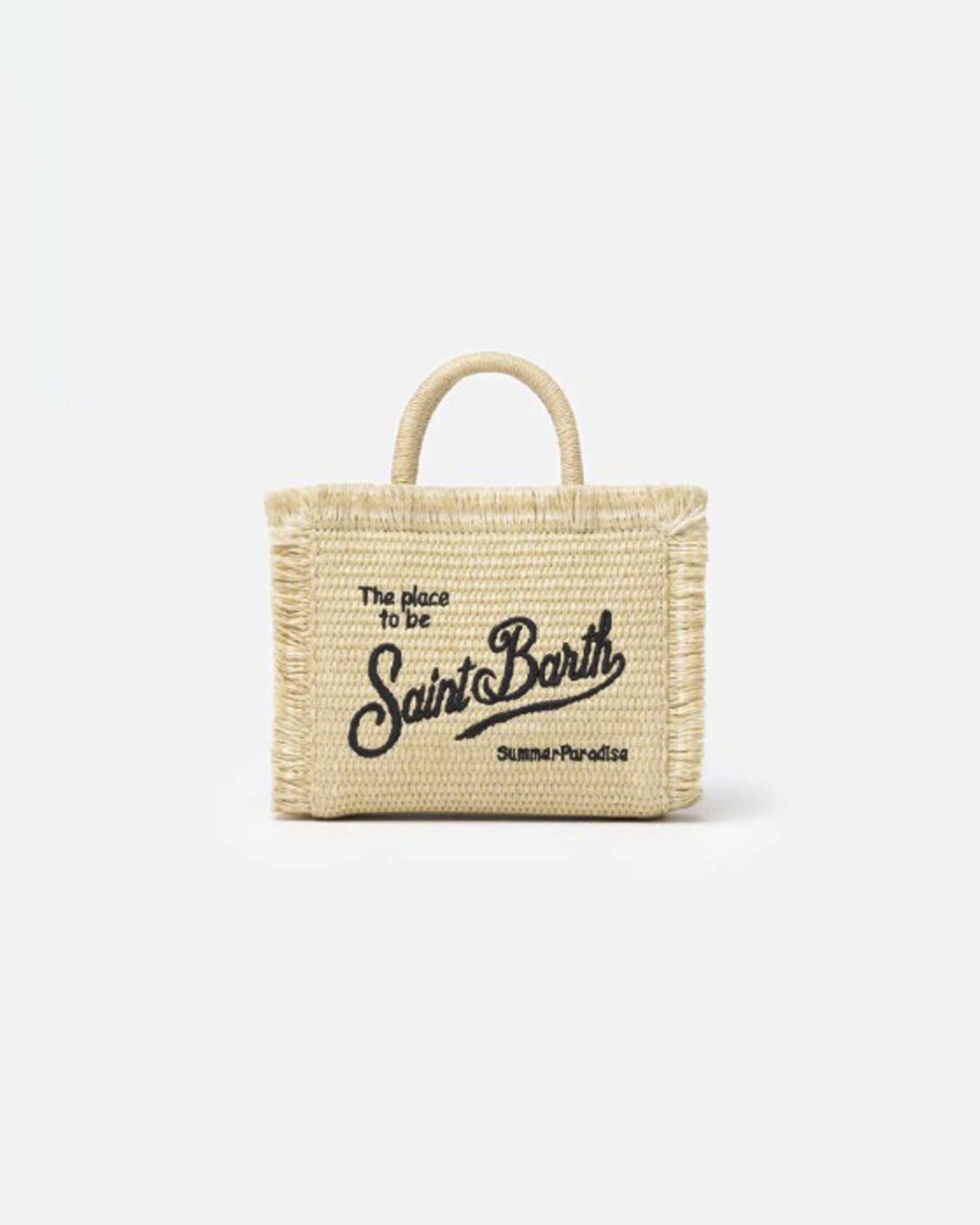 Borsa Vanity Mini MC2 Saint Barth effetto paglia naturale con scritta logo nera