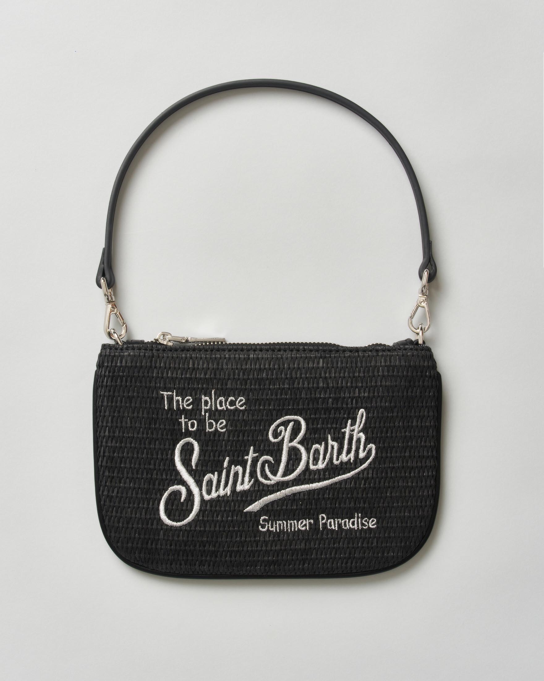 Borsa a spalla Parisienne nera in paglia intrecciata con logo bianco e tracolla
