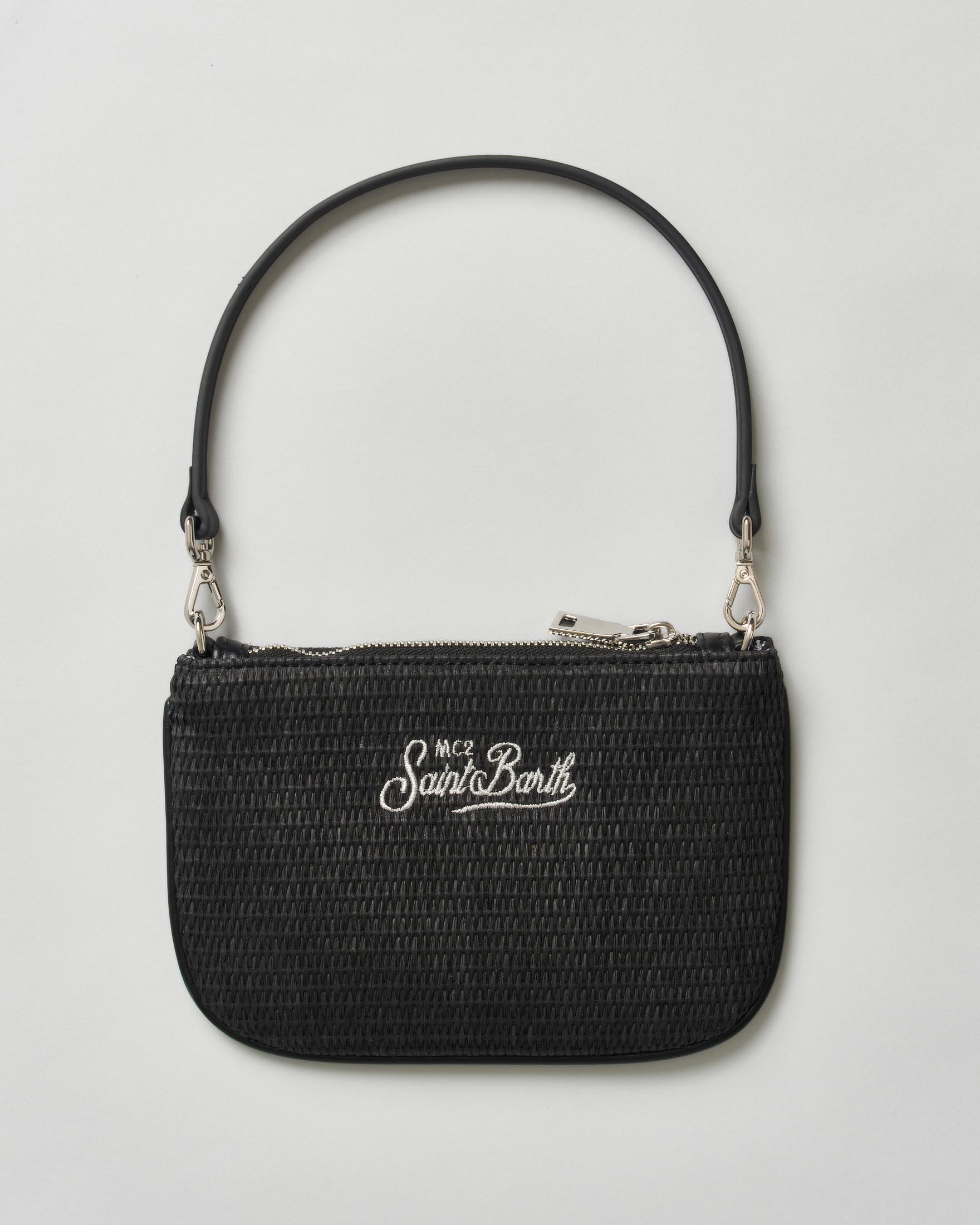 Borsa a spalla Parisienne MC2 Saint Barth nera in paglia intrecciata con logo bianco e tracolla image