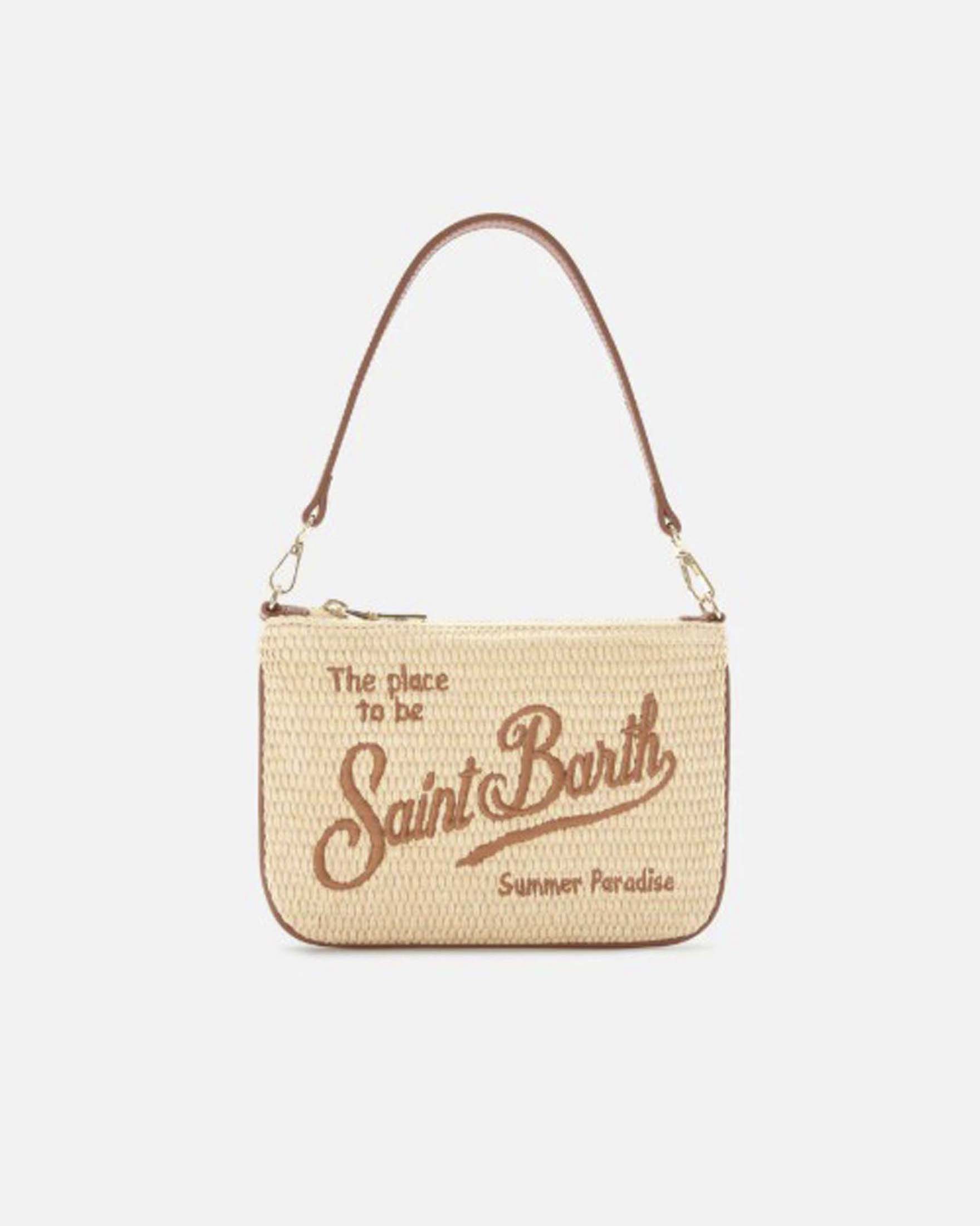 Borsa a spalla Parisienne naturale in paglia intrecciata con logo marrone e tracolla