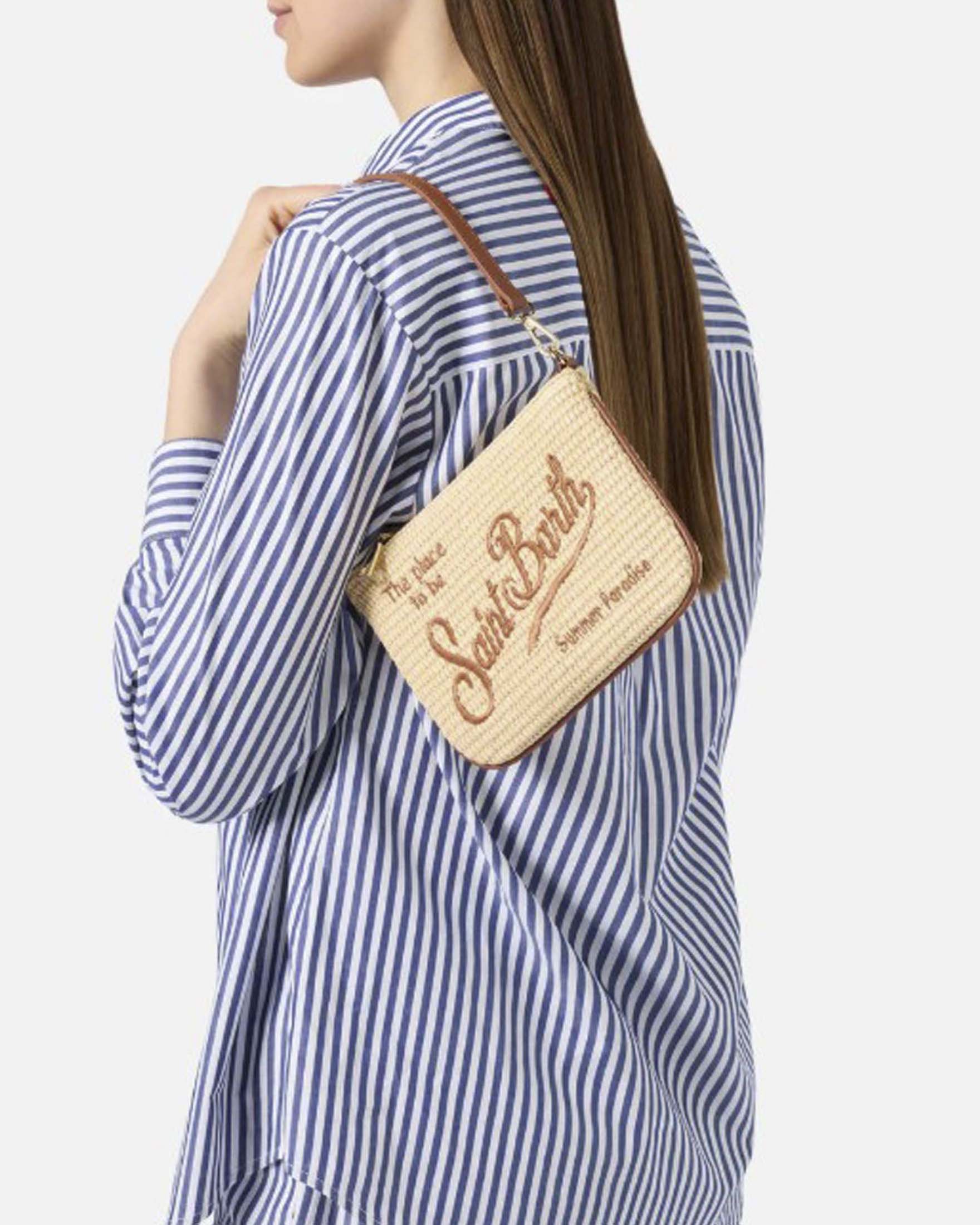 Borsa a spalla Parisienne MC2 Saint Barth naturale in paglia intrecciata con logo marrone e tracolla image