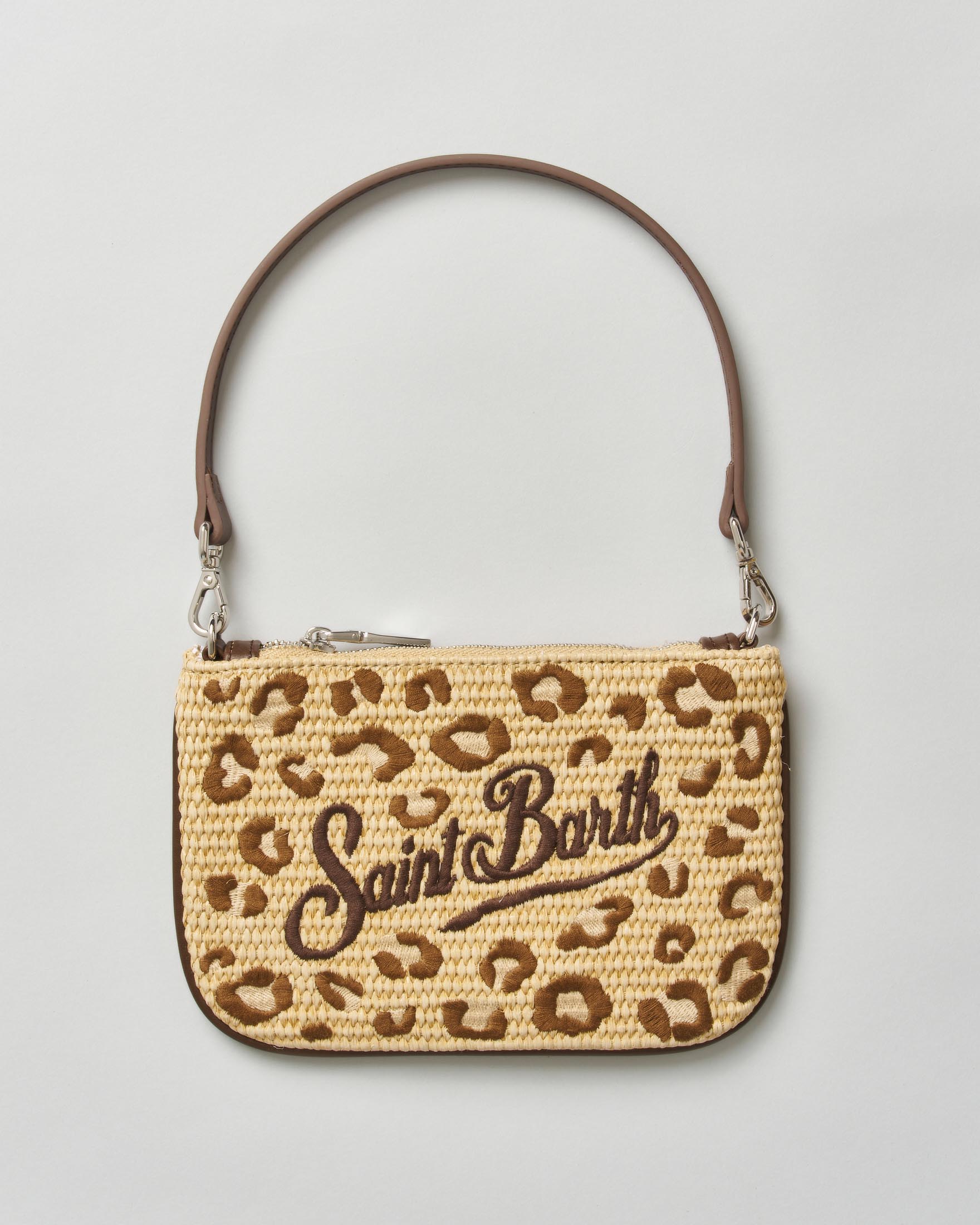 Borsa a spalla Parisienne in paglia intrecciata con logo e ricamo leopardato marrone
