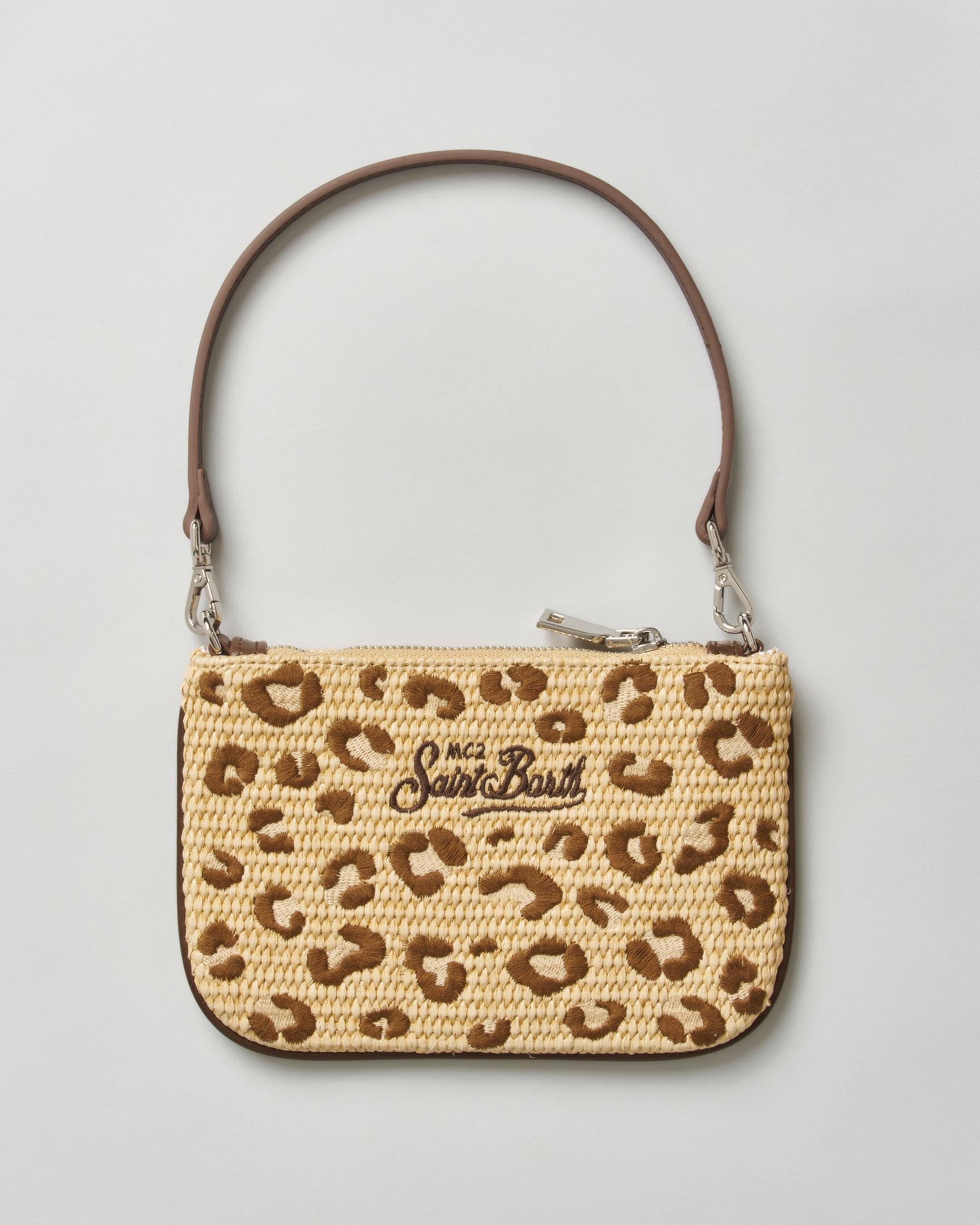 Borsa a spalla Parisienne MC2 Saint Barth in paglia intrecciata con logo e ricamo leopardato marrone image