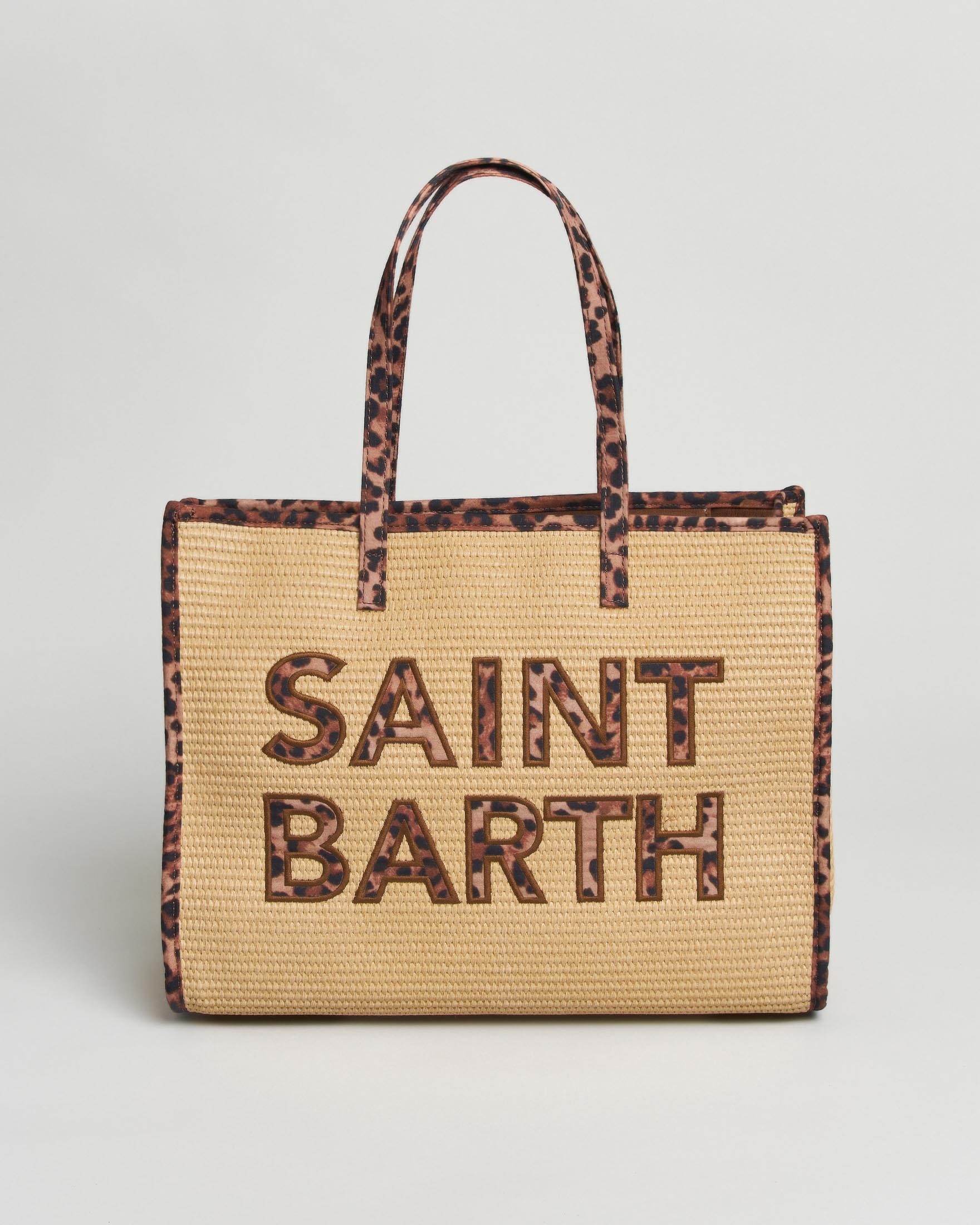 Borsa tote Vivian in paglia con ricamo patch logo e manici a fantasia animalier