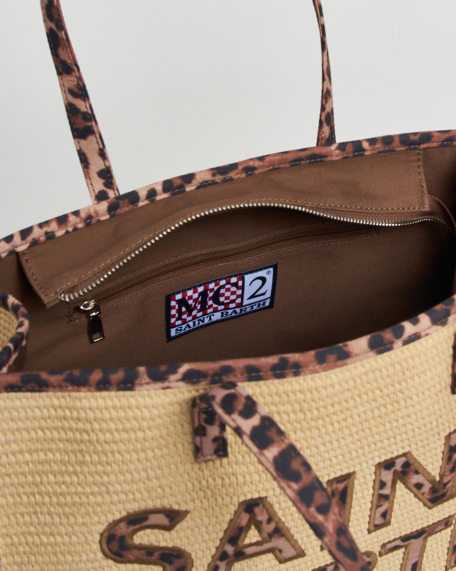 Borsa tote Vivian MC2 Saint Barth in paglia con ricamo patch logo e manici a fantasia animalier image