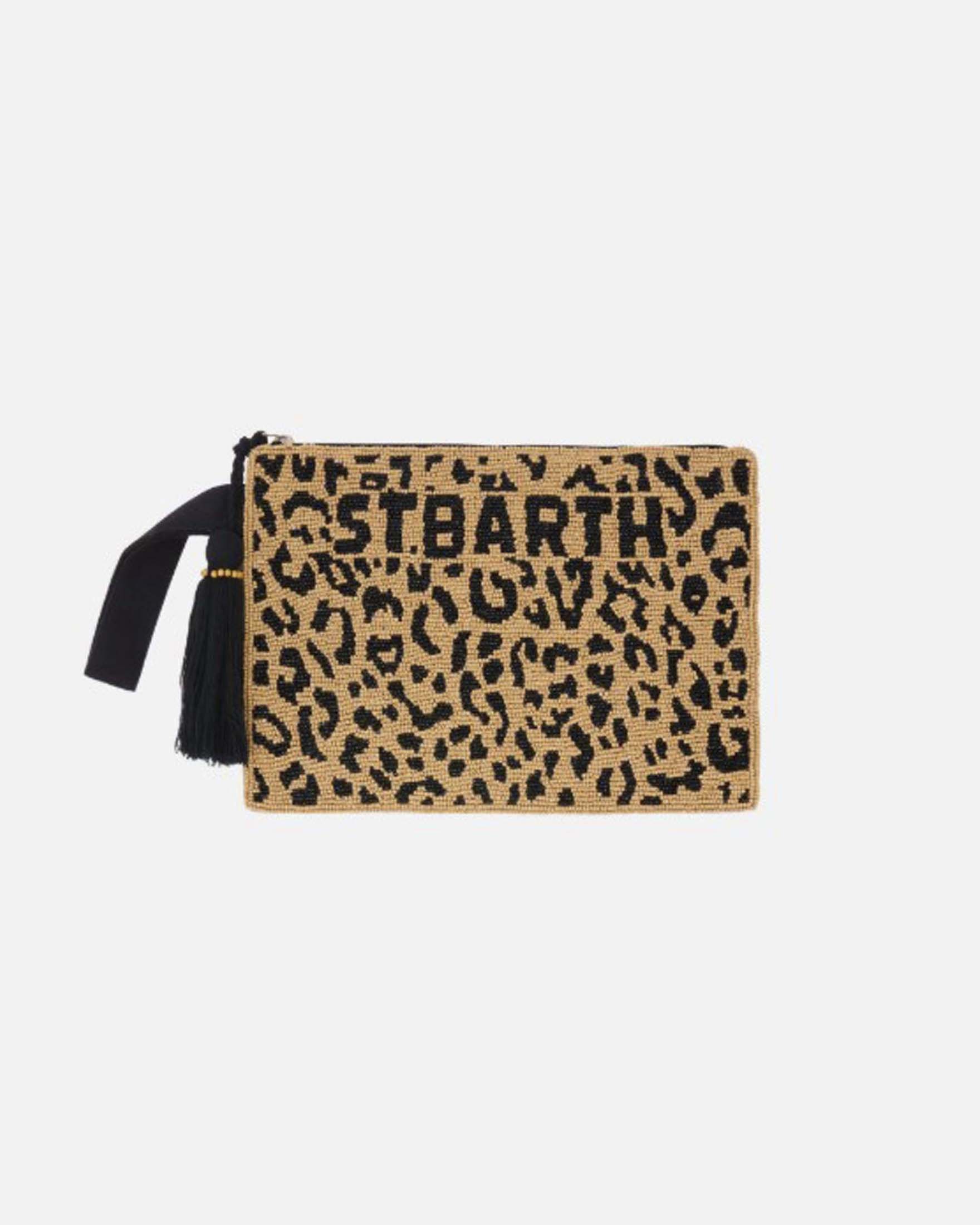 Pouch Pearl MC2 Saint Barth con fantasia leopardata in perline e tirazip con nappina nera