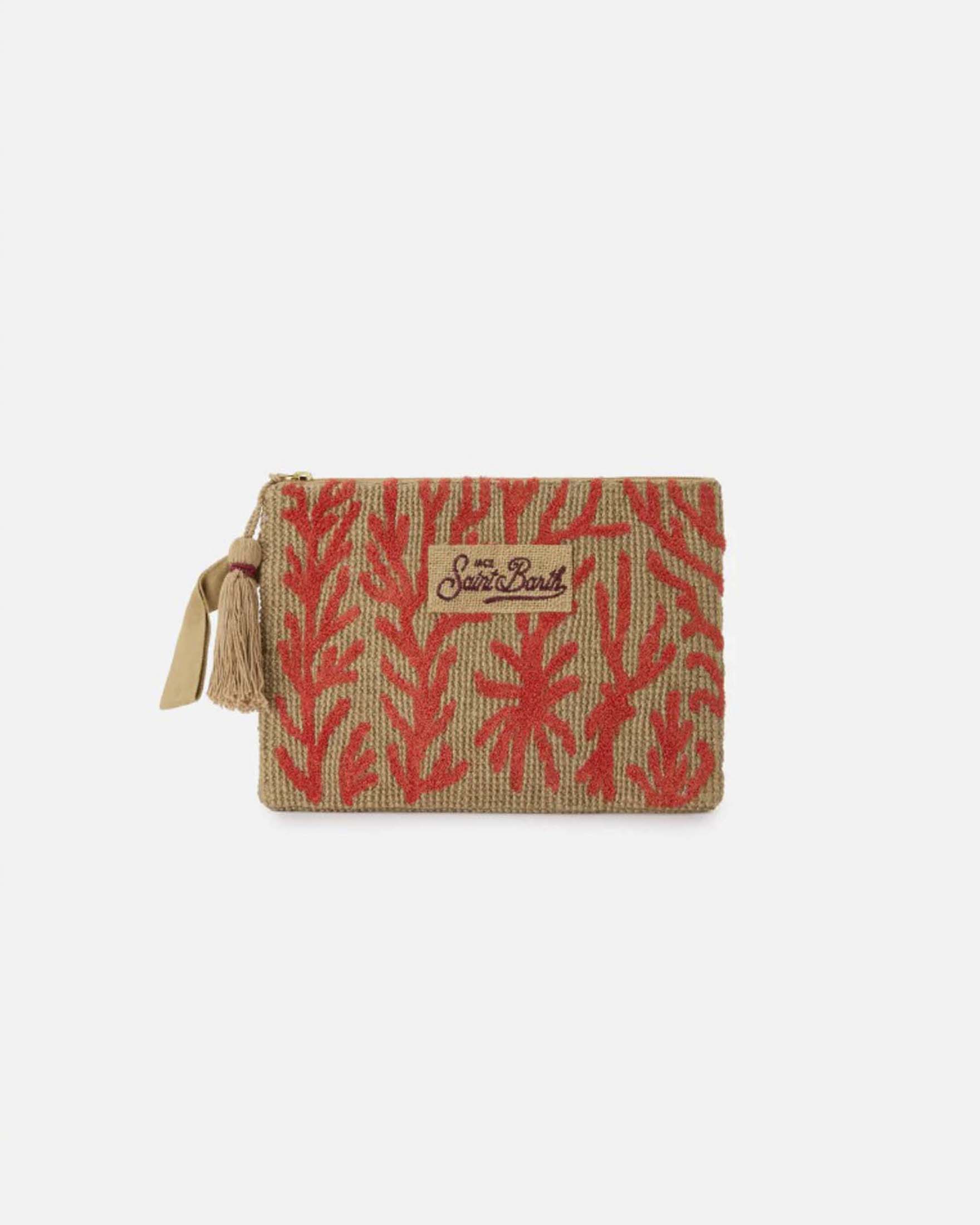 Pochette MC2 Saint Barth in juta naturale con fantasia corallo ricamata e tirazip con nappina