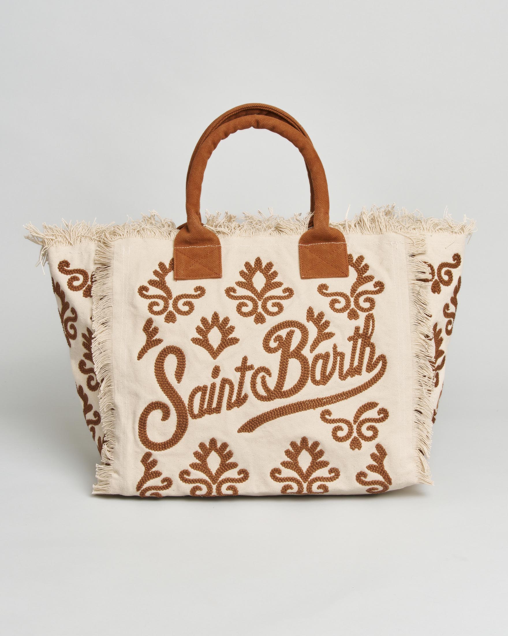 Borsa Vanity Rug MC2 Saint Barth écru in cotone con ricami d'spirazione sarda marroni