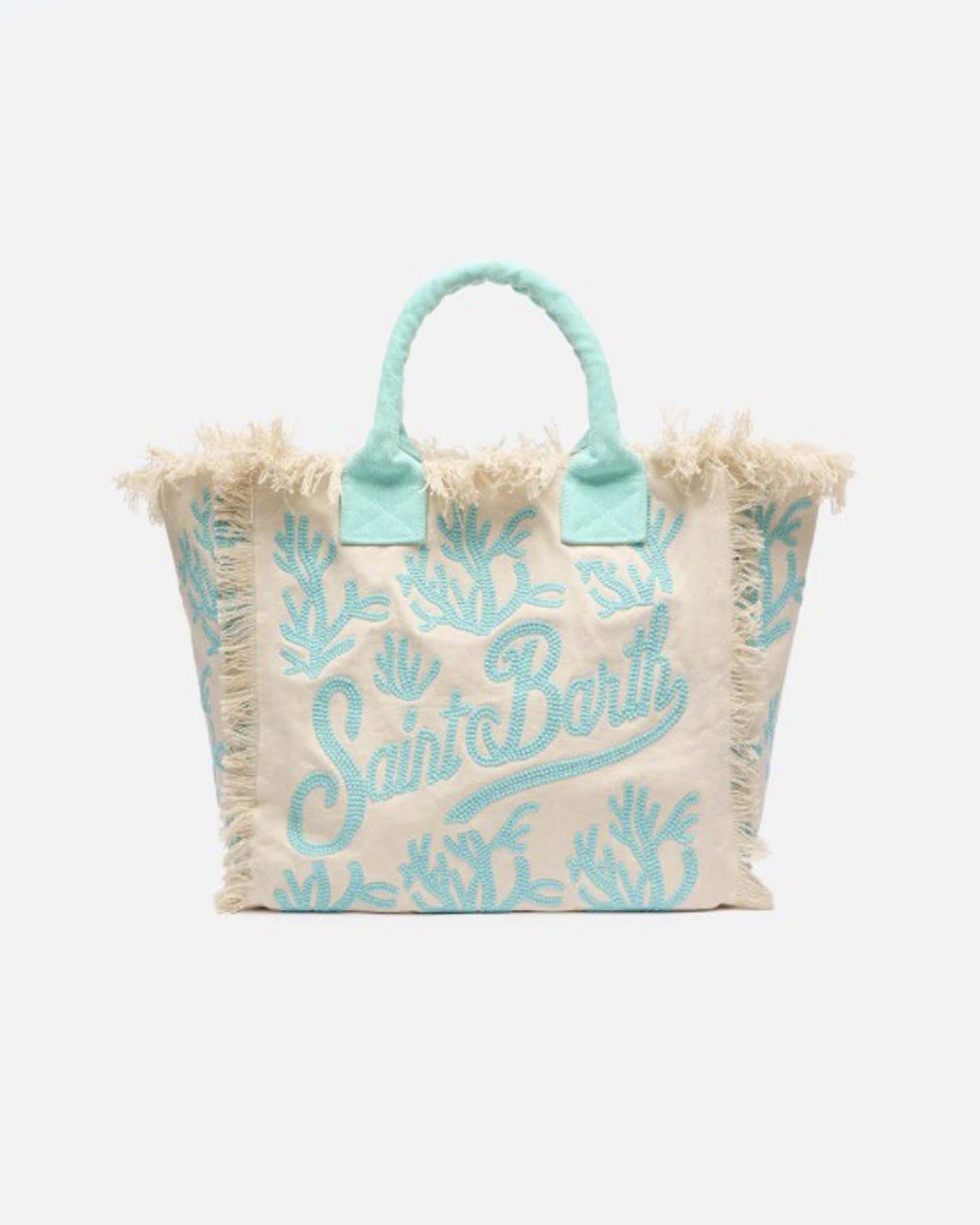 Borsa Vanity Rug MC2 Saint Barth écru in cotone con ricami d'spirazione sarda turchesi