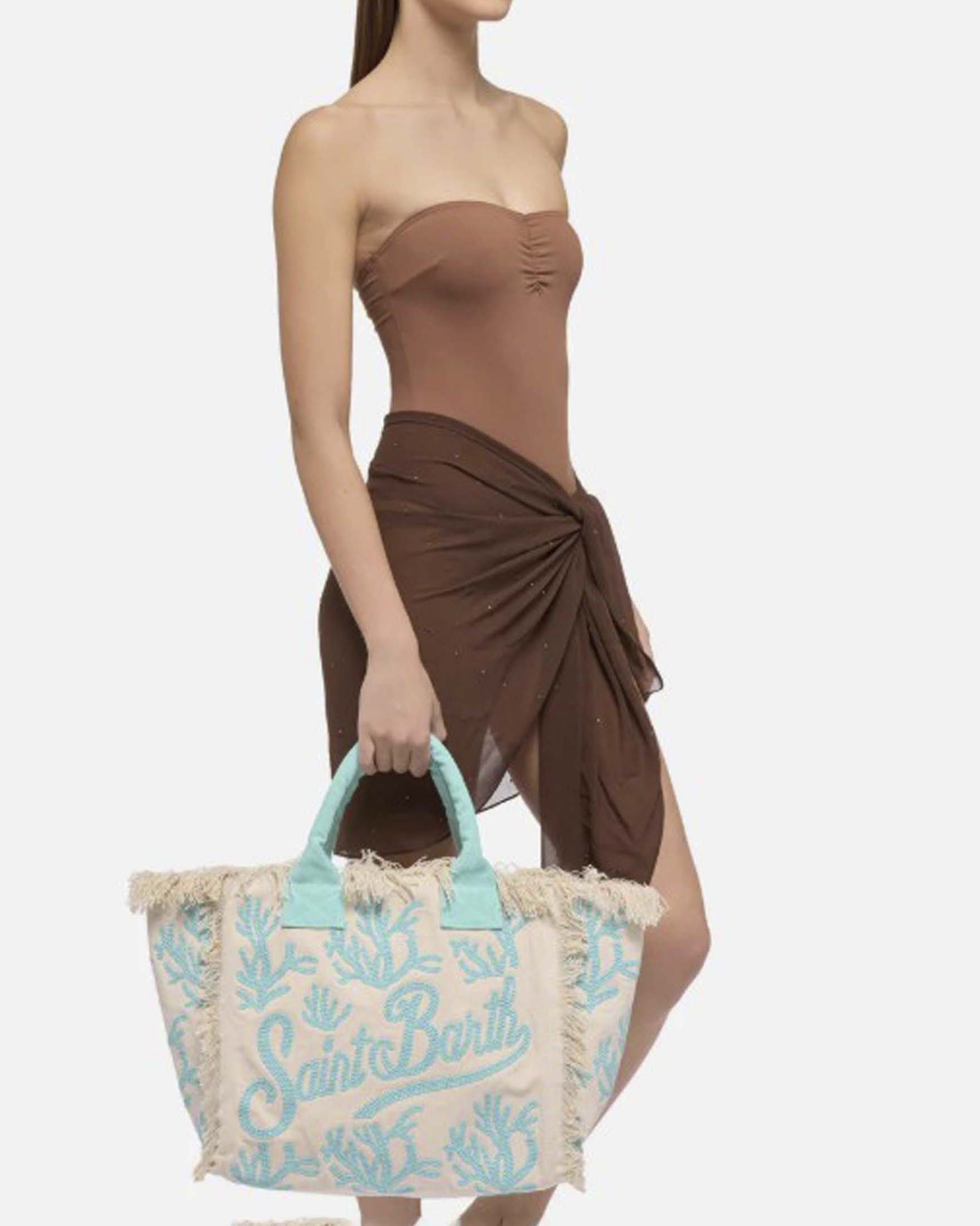 Borsa Vanity Rug MC2 Saint Barth écru in cotone con ricami d'spirazione sarda turchesi image