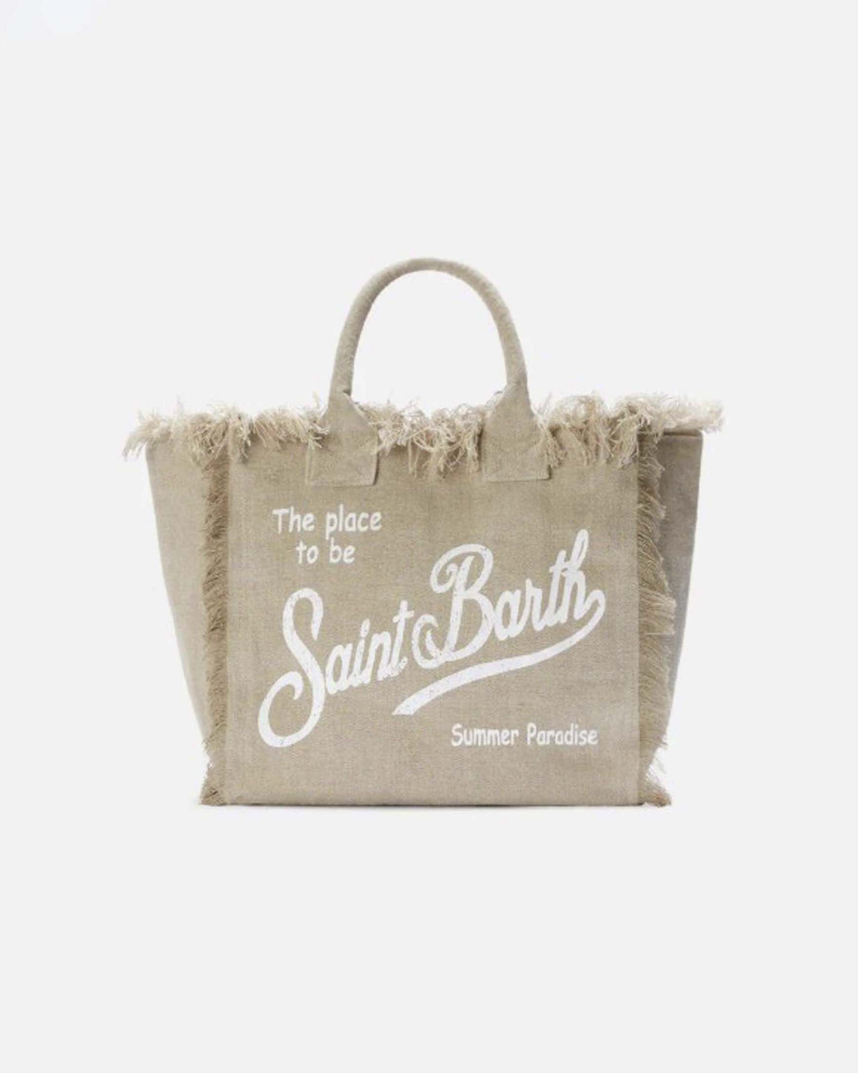 Borsa Vanity beige in lino con scritta logo bianca stampata e bordi sfrangiati