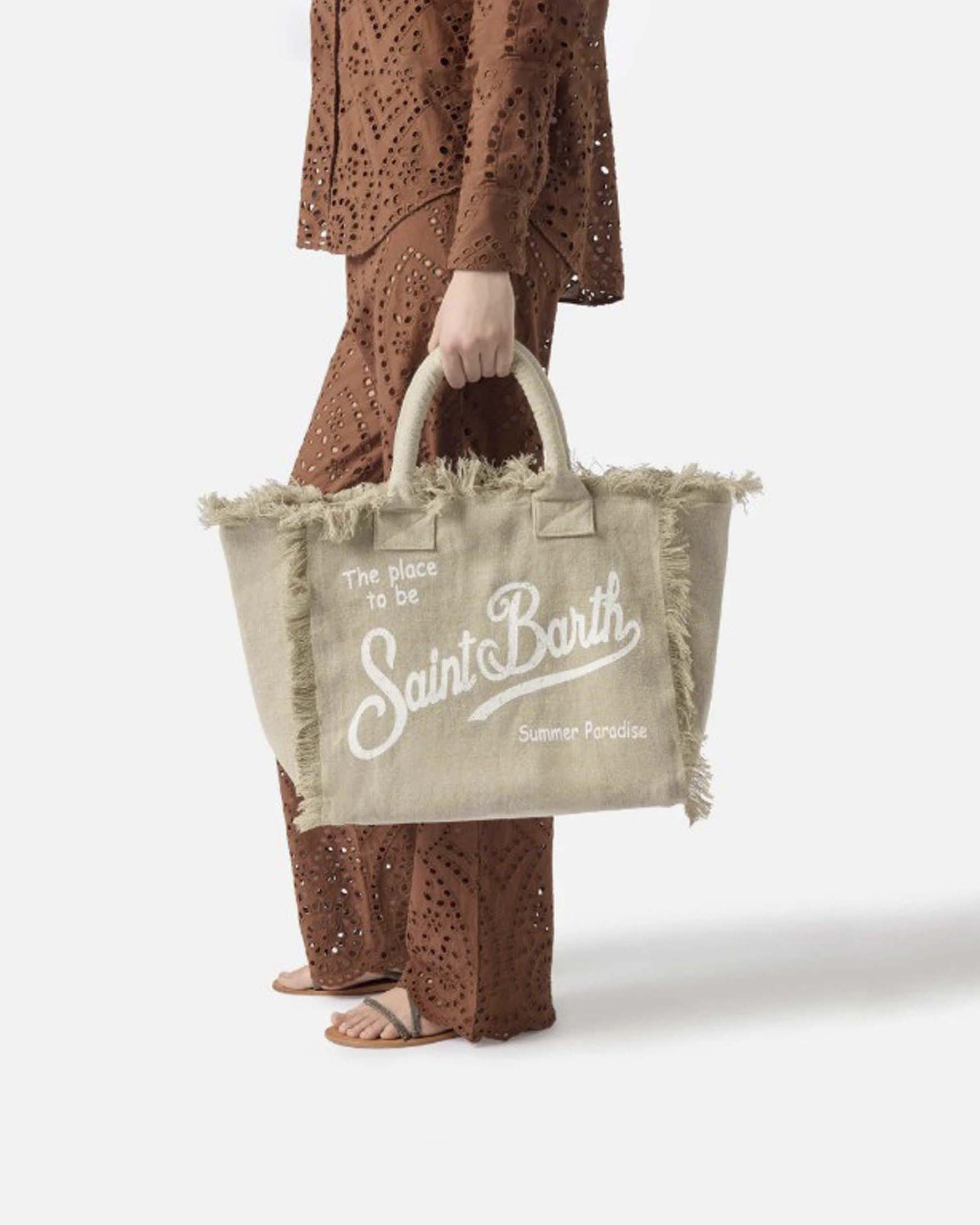 Borsa Vanity MC2 Saint Barth beige in lino con scritta logo bianca stampata e bordi sfrangiati image