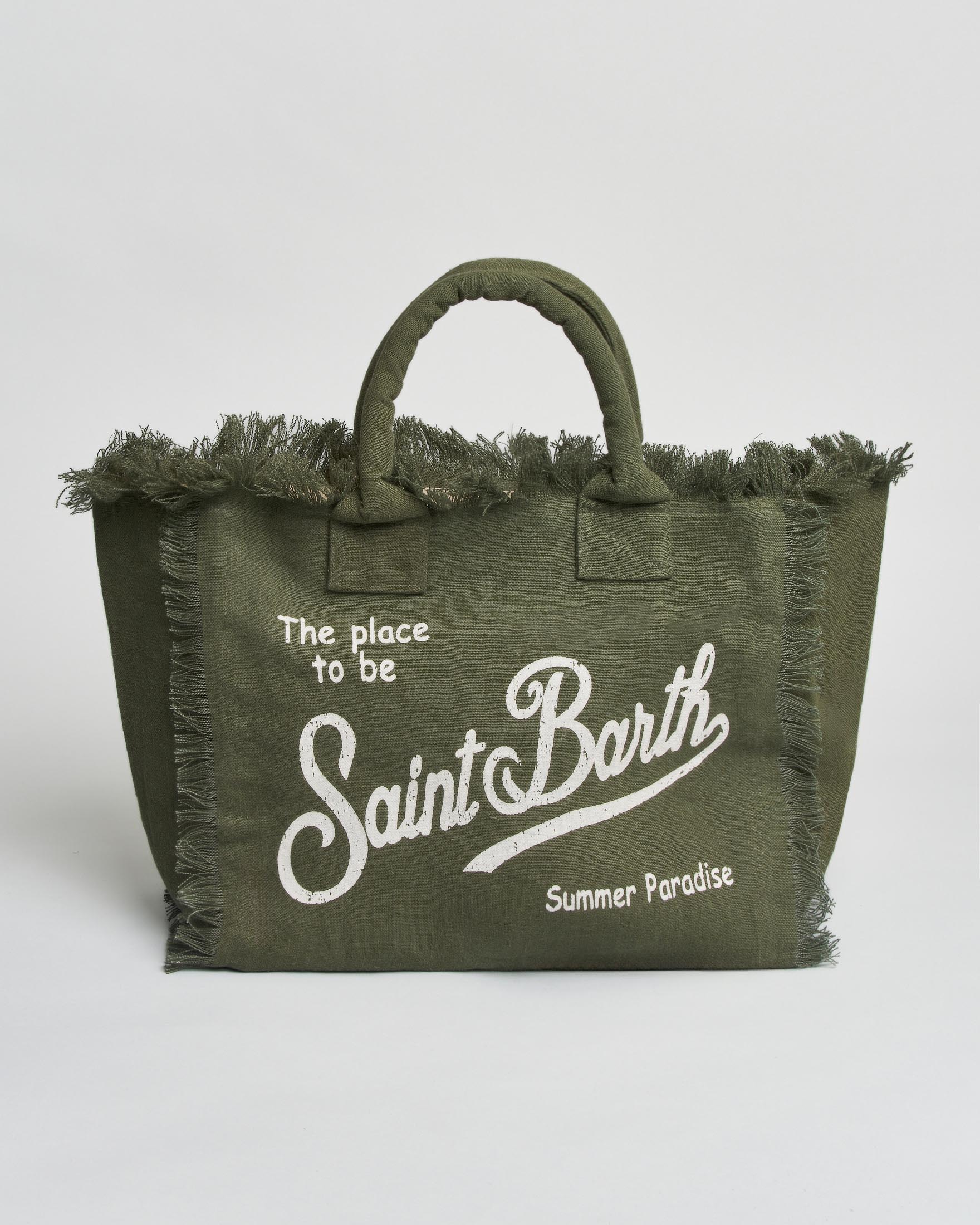 Borsa Vanity MC2 Saint Barth militare in lino con scritta logo bianca stampata e bordi sfrangiati