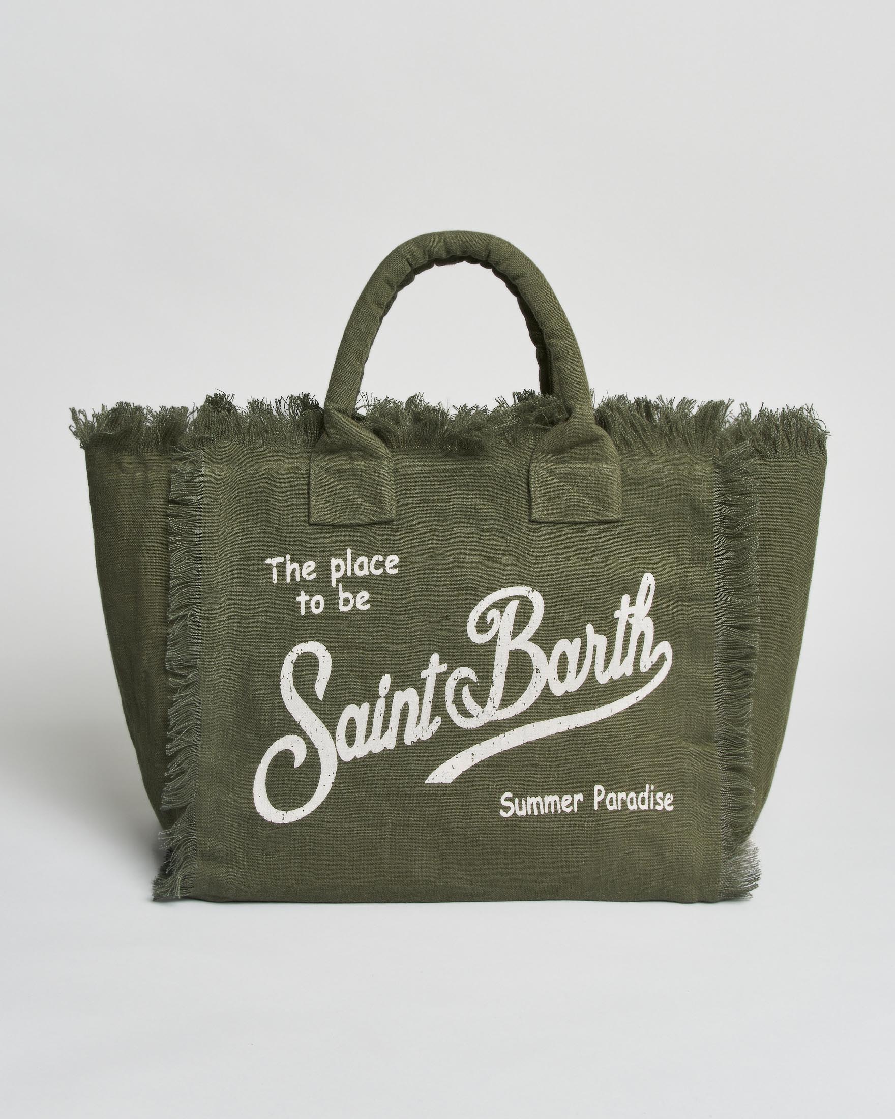 Borsa Vanity MC2 Saint Barth militare in lino con scritta logo bianca stampata e bordi sfrangiati