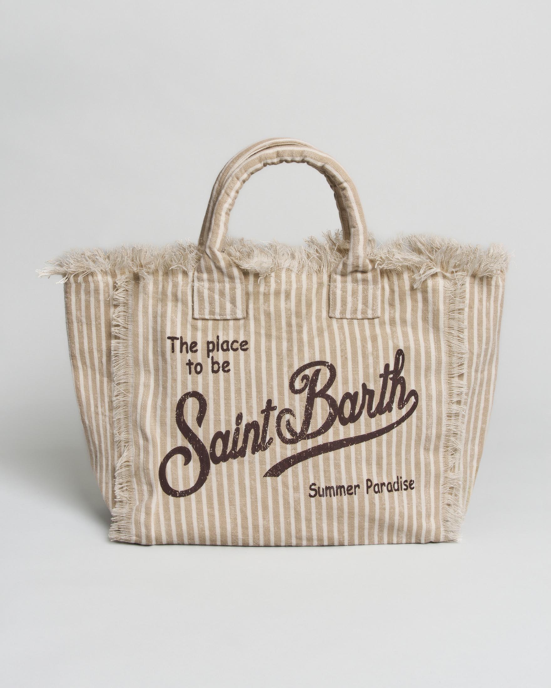Borsa Vanity in lino a righine bianche e beige con stampa logo e bordi sfrangiati