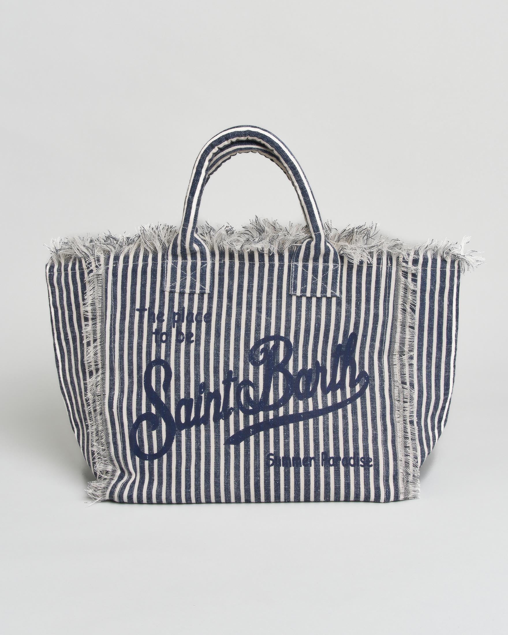 Borsa Vanity MC2 Saint Barth in lino a righine bianche e blu con stampa logo e bordi sfrangiati