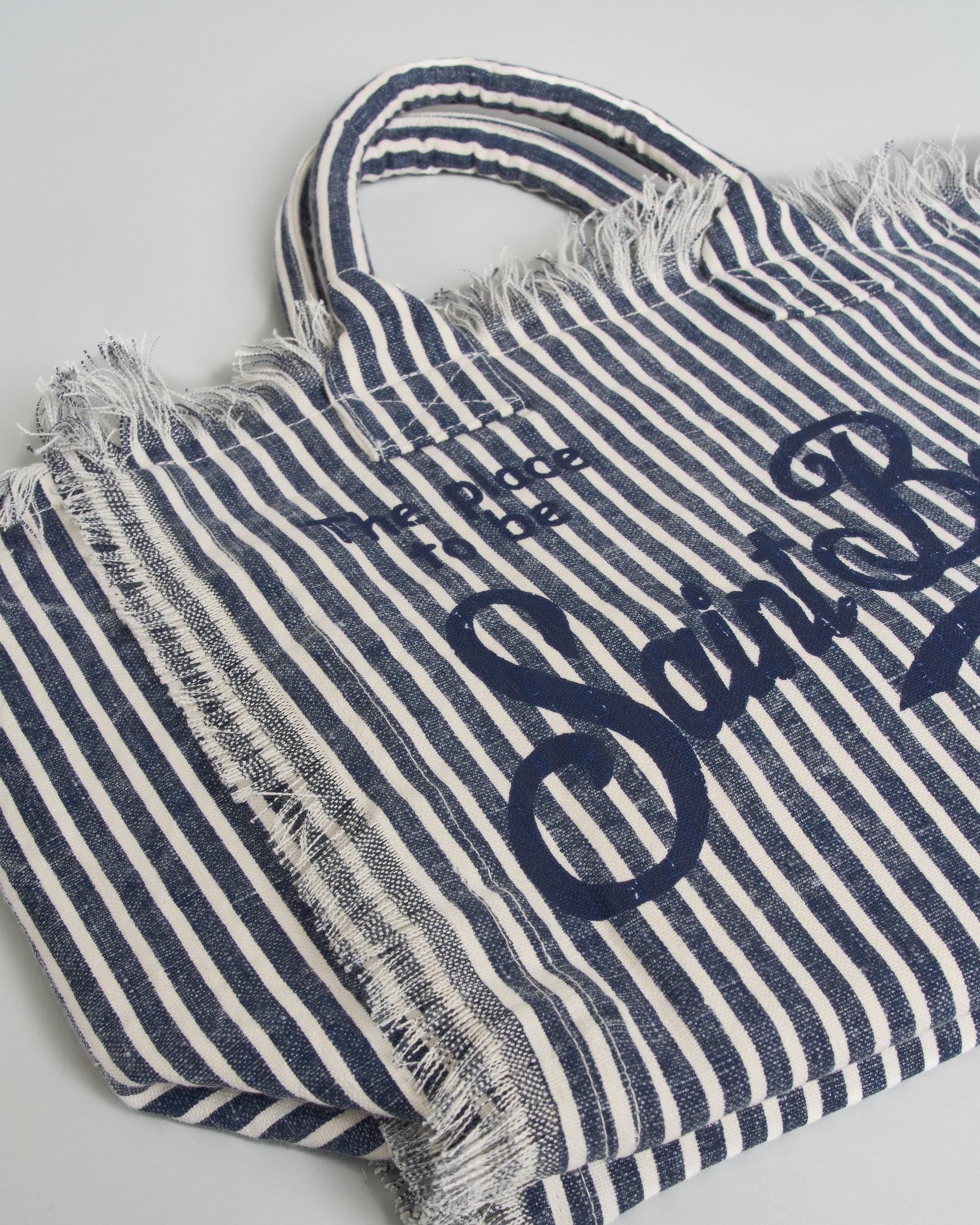 Borsa Vanity MC2 Saint Barth in lino a righine bianche e blu con stampa logo e bordi sfrangiati image