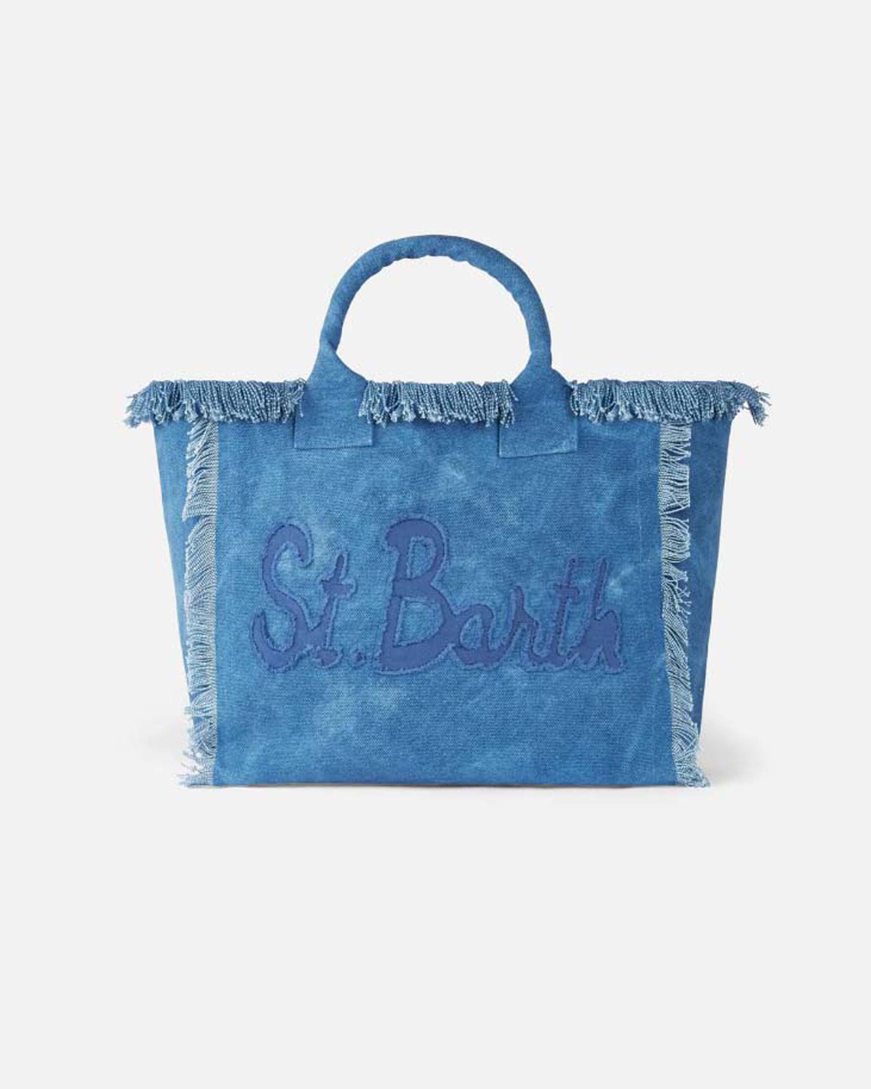 Borsa Vanity Regular MC2 Saint Barth in denim di cotone blu con scritto logo patch e frange