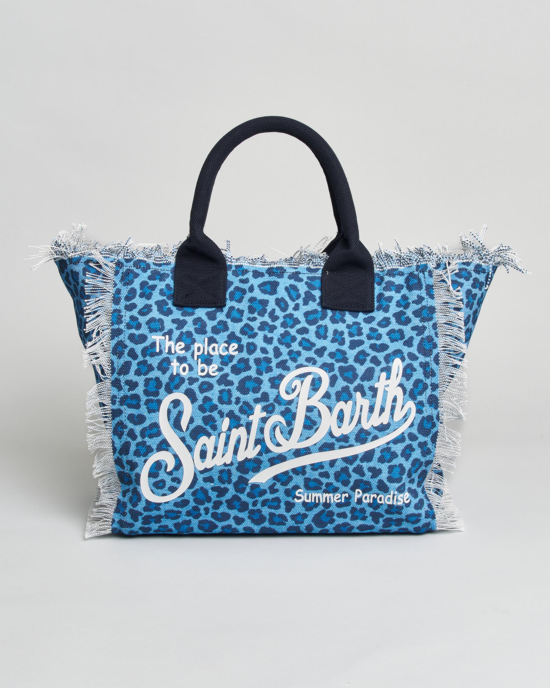 Borsa Vanity Regular in denim di puro cotone con stampa leopardata e frange