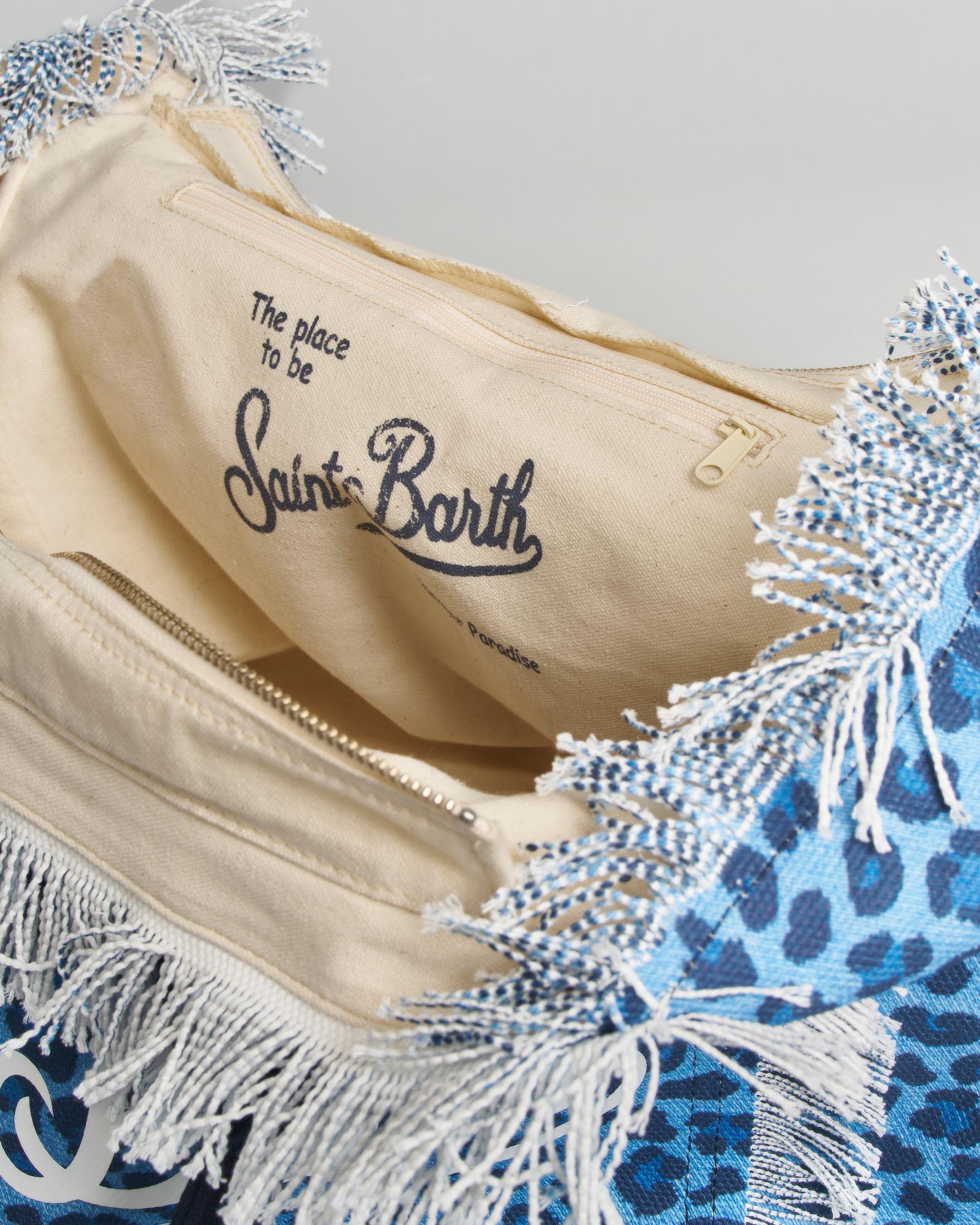 Borsa Vanity Regular MC2 Saint Barth in denim di puro cotone con stampa leopardata e frange image