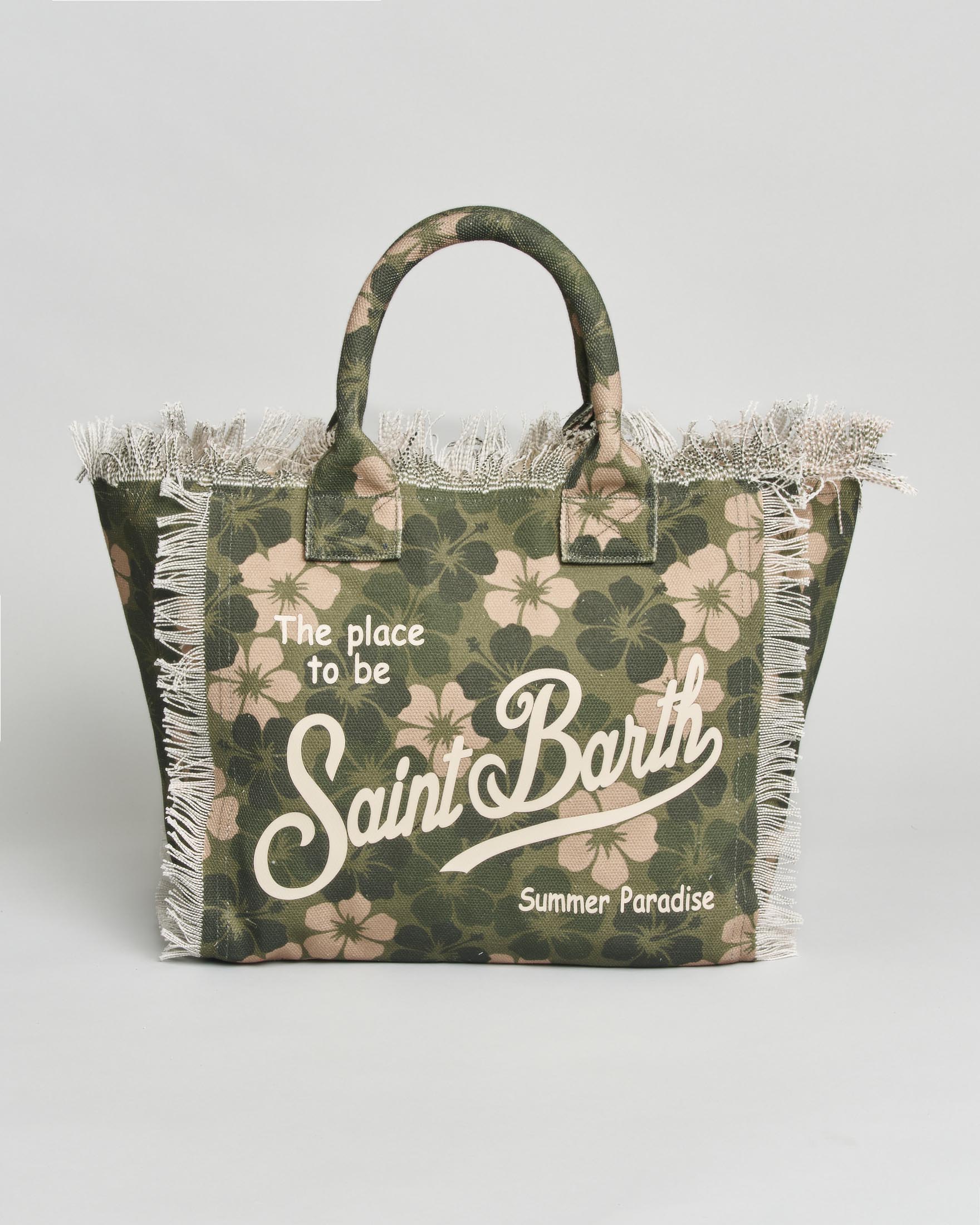 Borsa Vanity Regular in canvas di puro cotone con stampa militare e frange