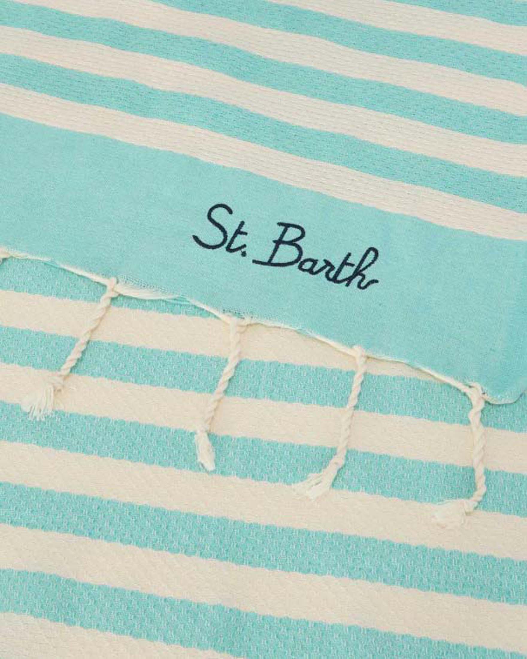 Telo mare MC2 Saint Barth verde acqua in cotone a righe panna con frange e scritta logo ricamata image