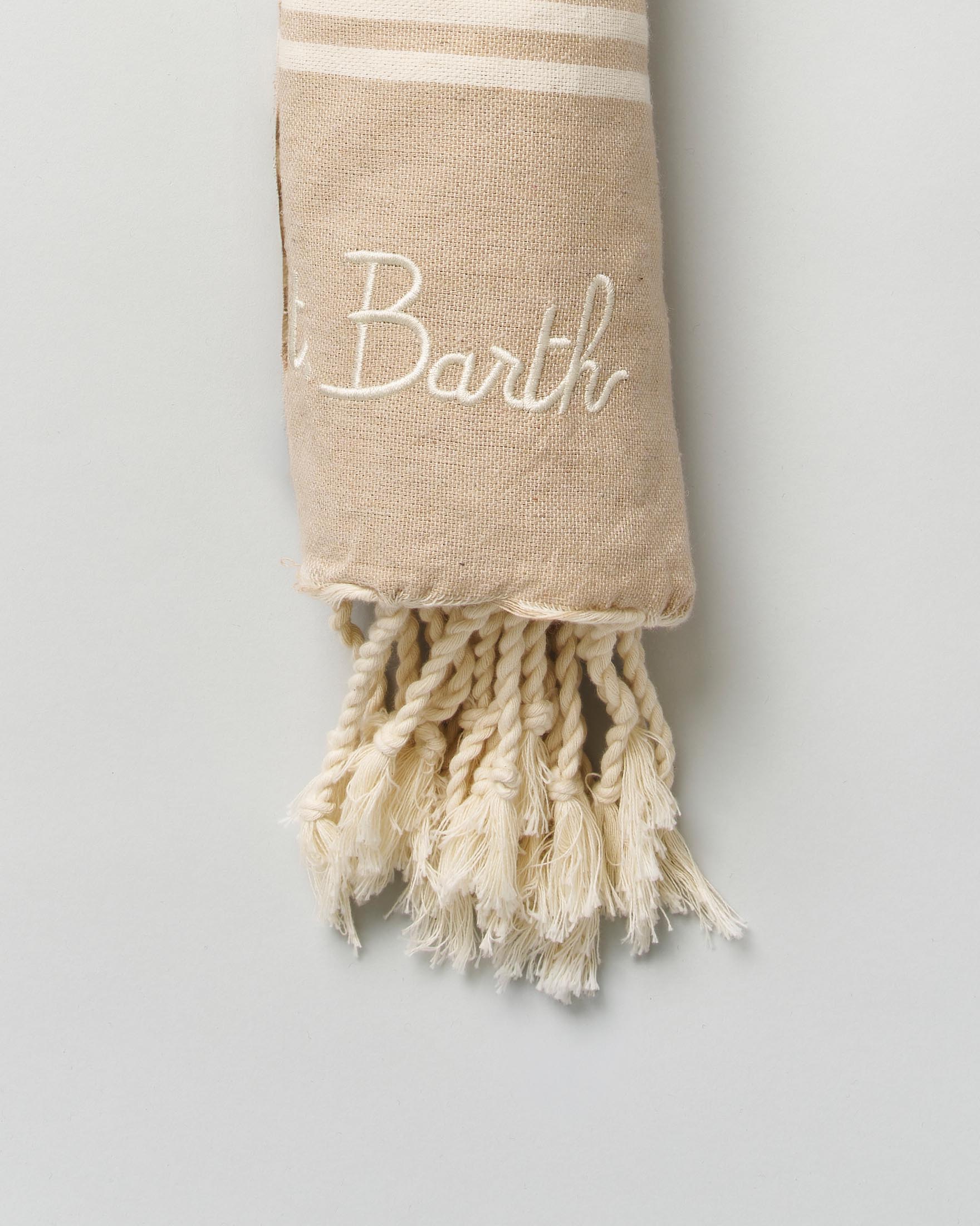 Telo mare foutas MC2 Saint Barth beige a righe sottili in cotone con frange e scritta logo ricamata image