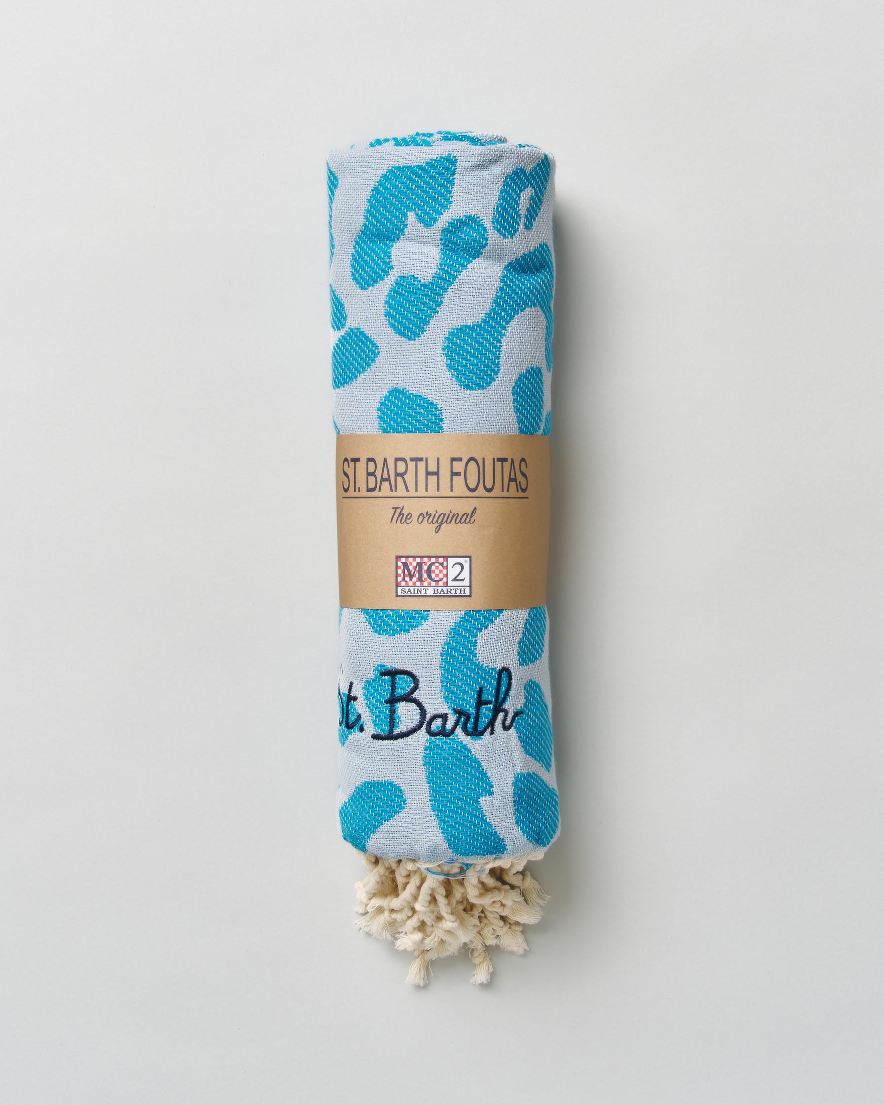 Telo mare azzurro in cotone jacquard leopardato con scritta logo e frange