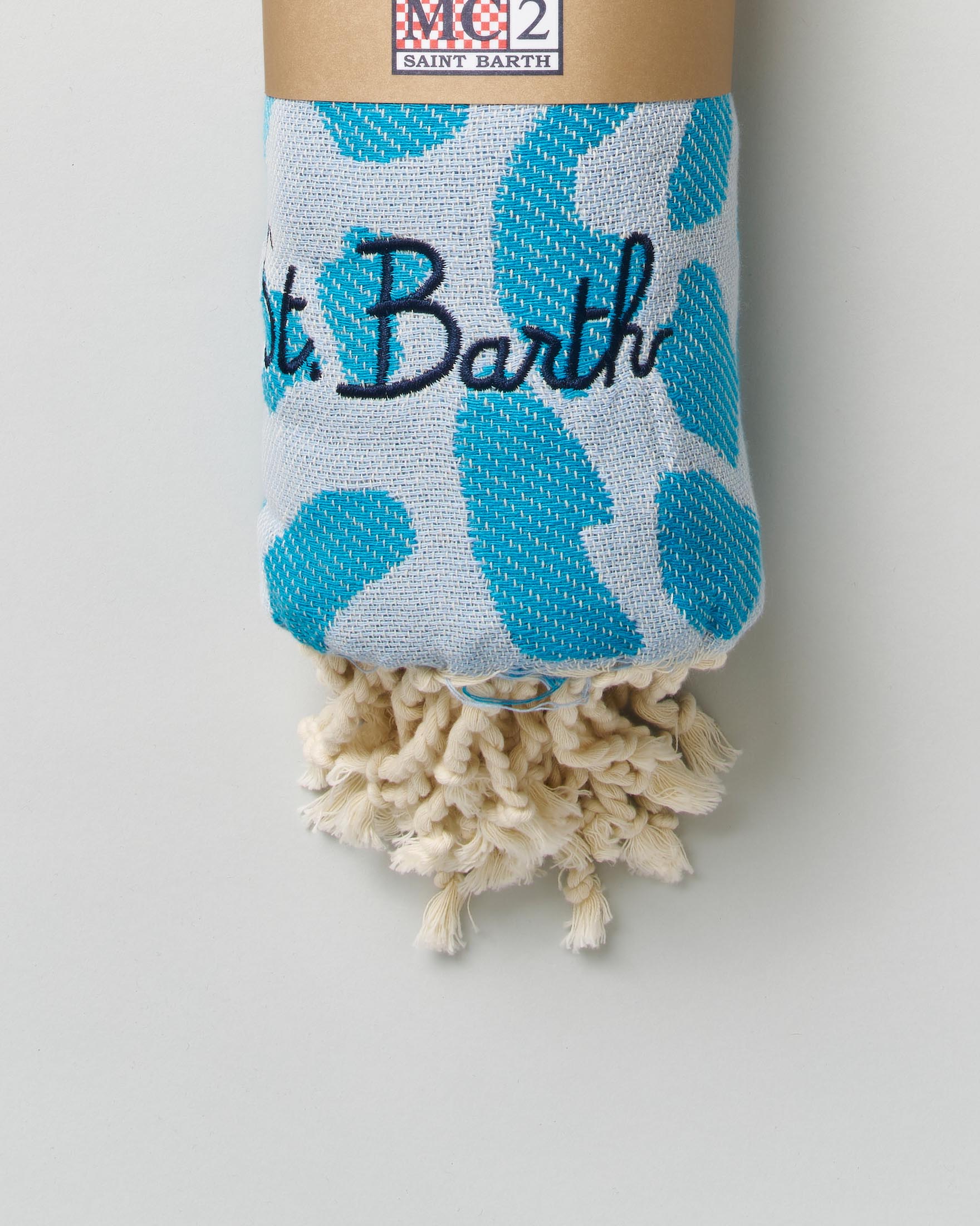 Telo mare MC2 Saint Barth azzurro in cotone jacquard leopardato con scritta logo e frange image