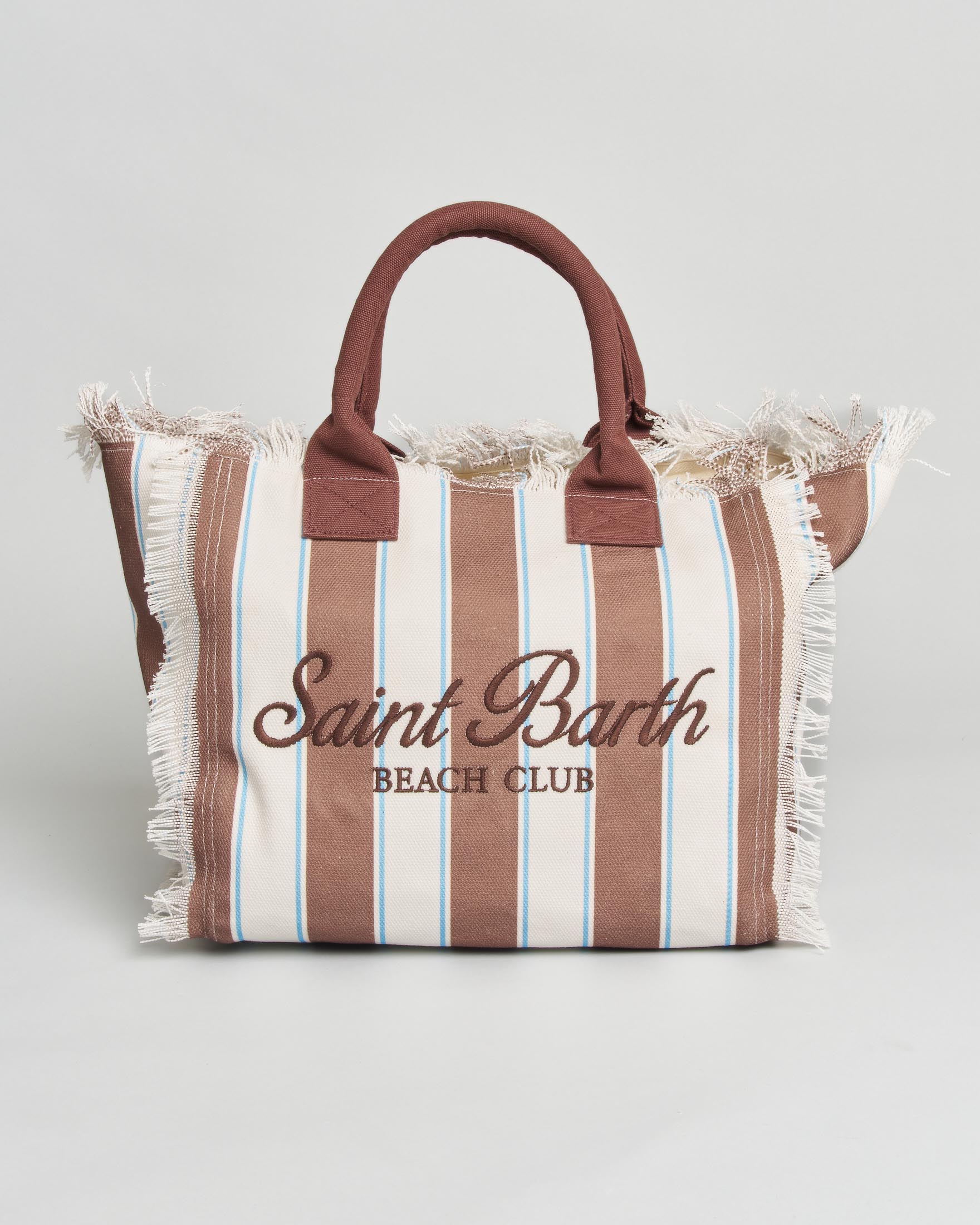 Borsa Vanity Regular MC2 Saint Barth in canvas a righe marroni spesse con frange