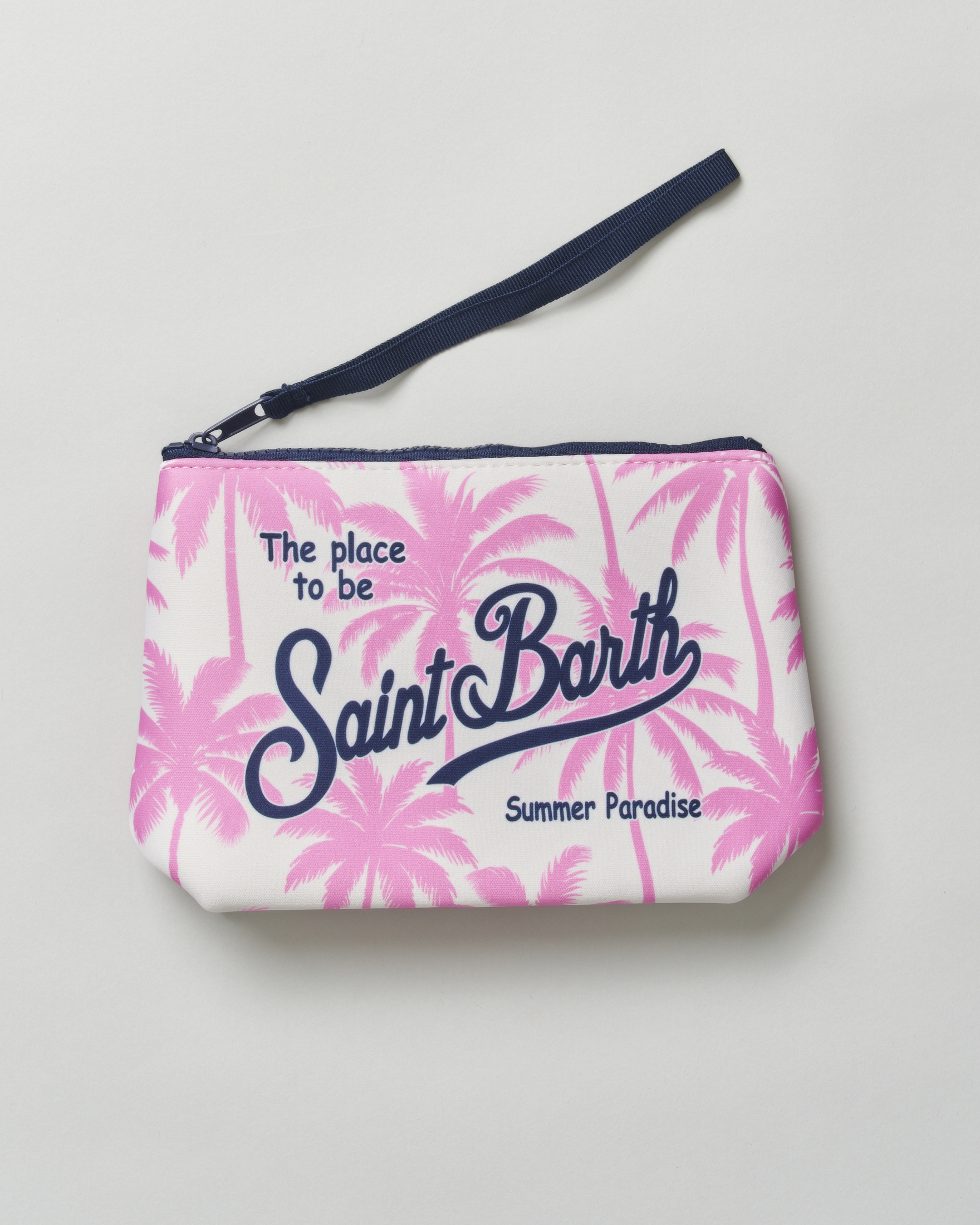 Pochette Aline bianca in scuba disegno palme rosa con scritta logo stampata rosa