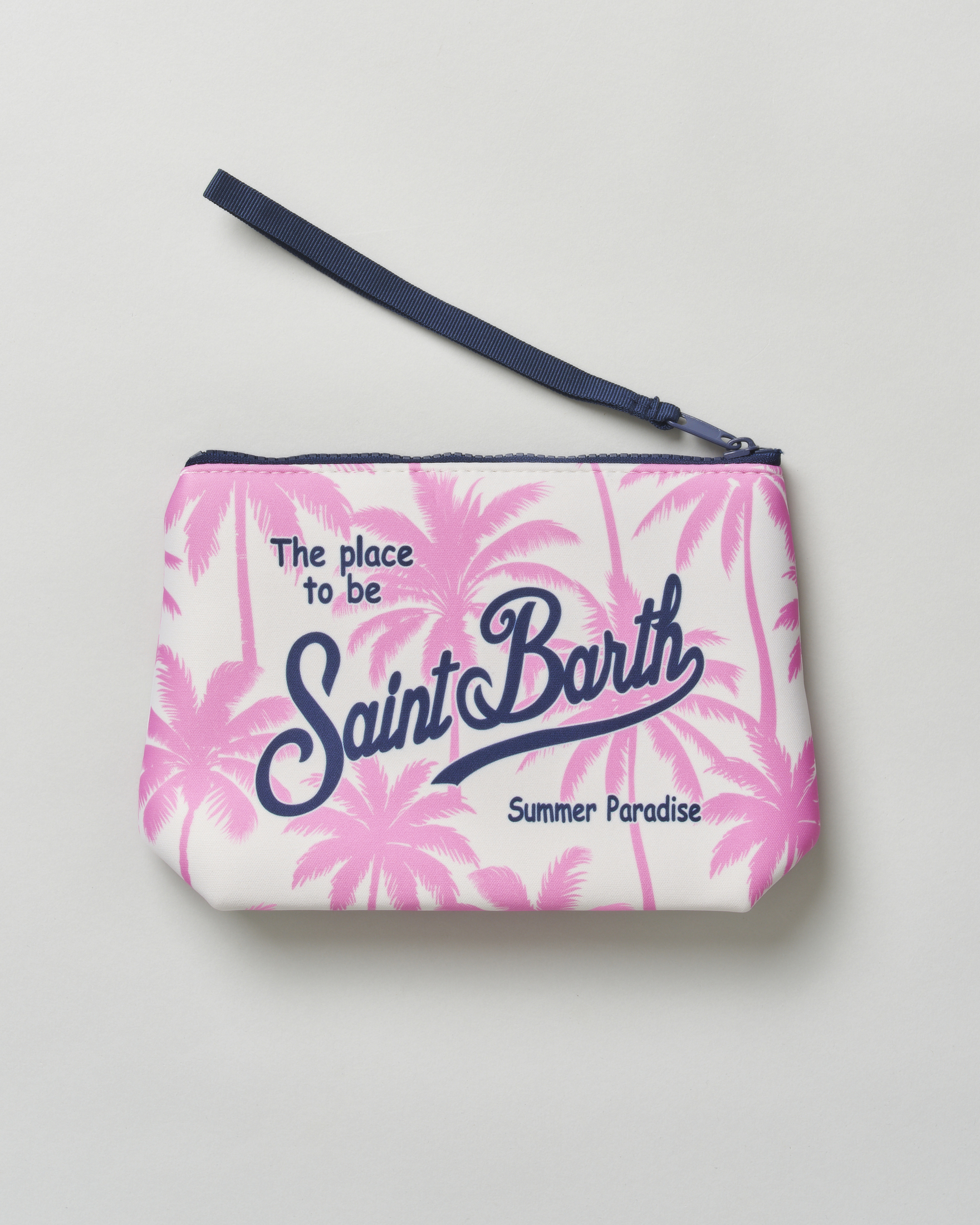 Pochette MC2 Saint Barth Aline bianca in scuba disegno palme rosa con scritta logo stampata rosa image