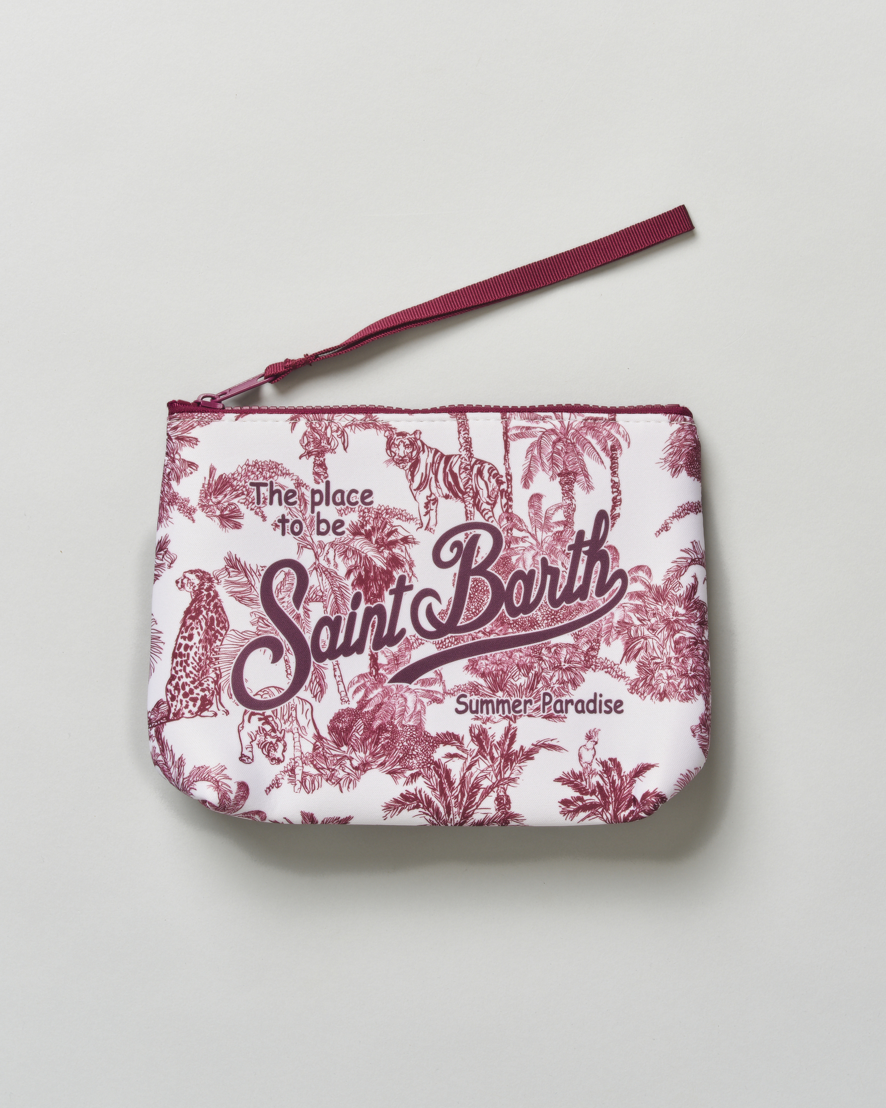Pochette Aline bordeaux in scuba fantasia jungle con scritta logo stampata