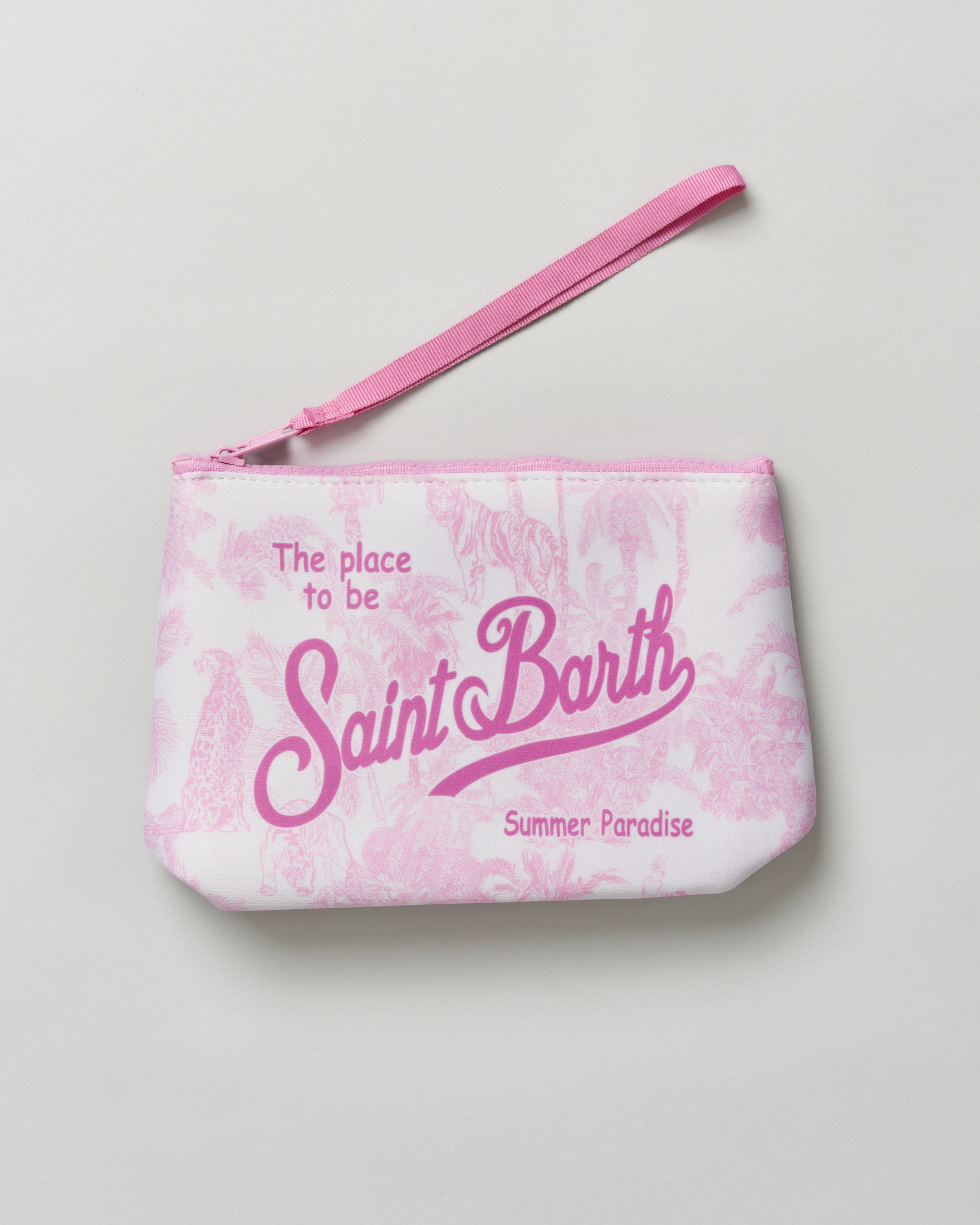 Pochette Aline rosa in scuba fantasia jungle con scritta logo stampata