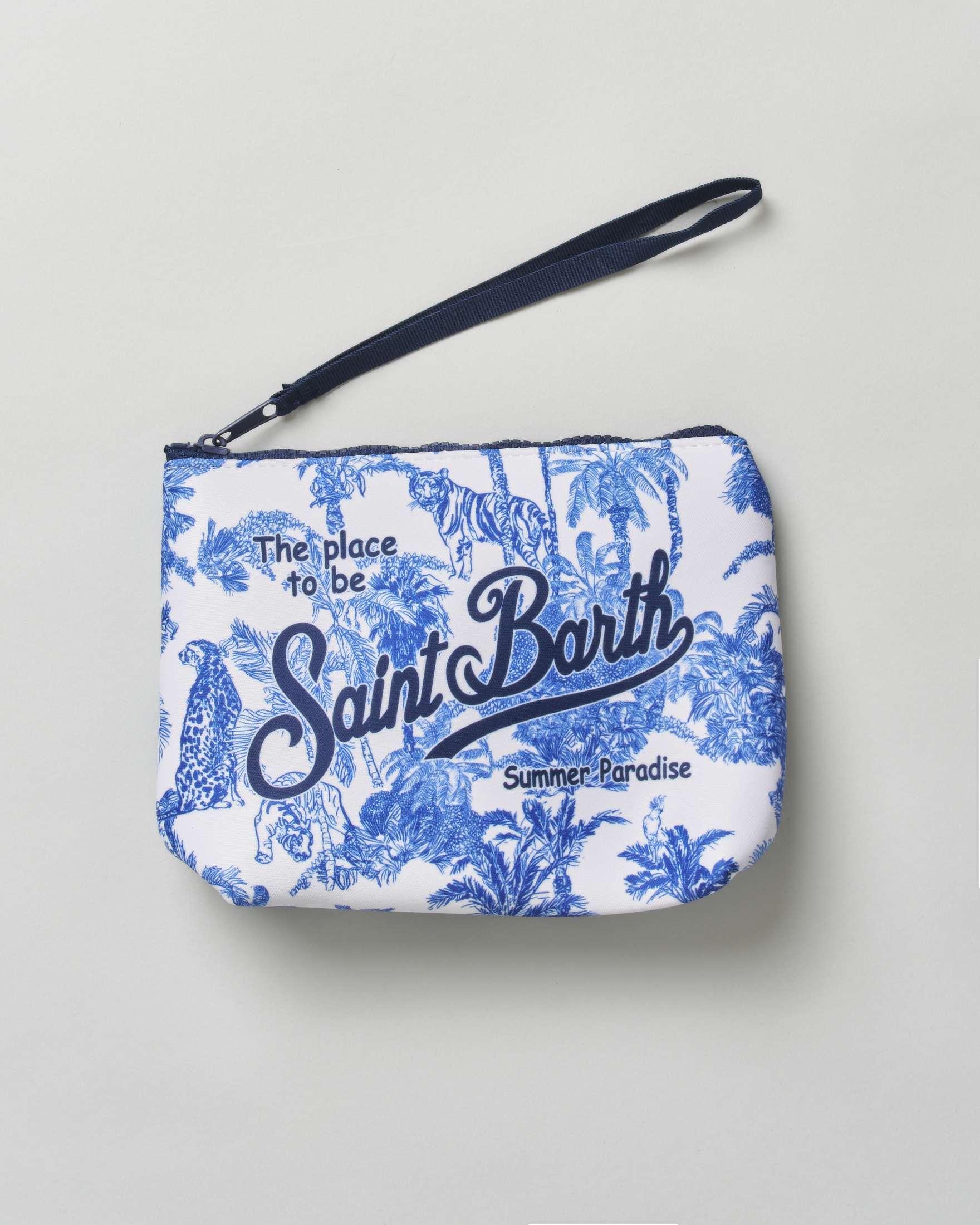 Pochette MC2 Saint Barth Aline blu in scuba fantasia jungle con scritta logo stampata
