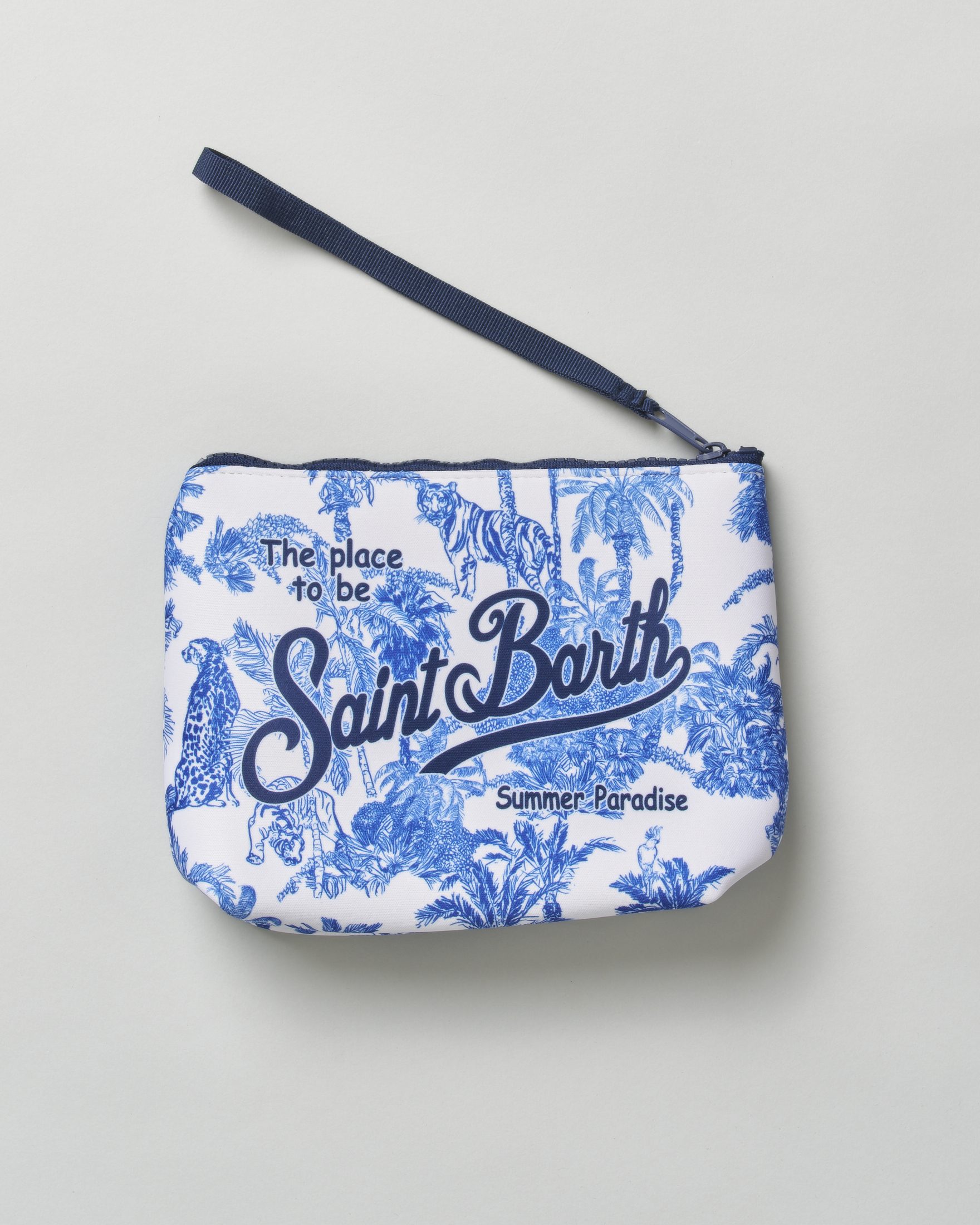 Pochette MC2 Saint Barth Aline blu in scuba fantasia jungle con scritta logo stampata image