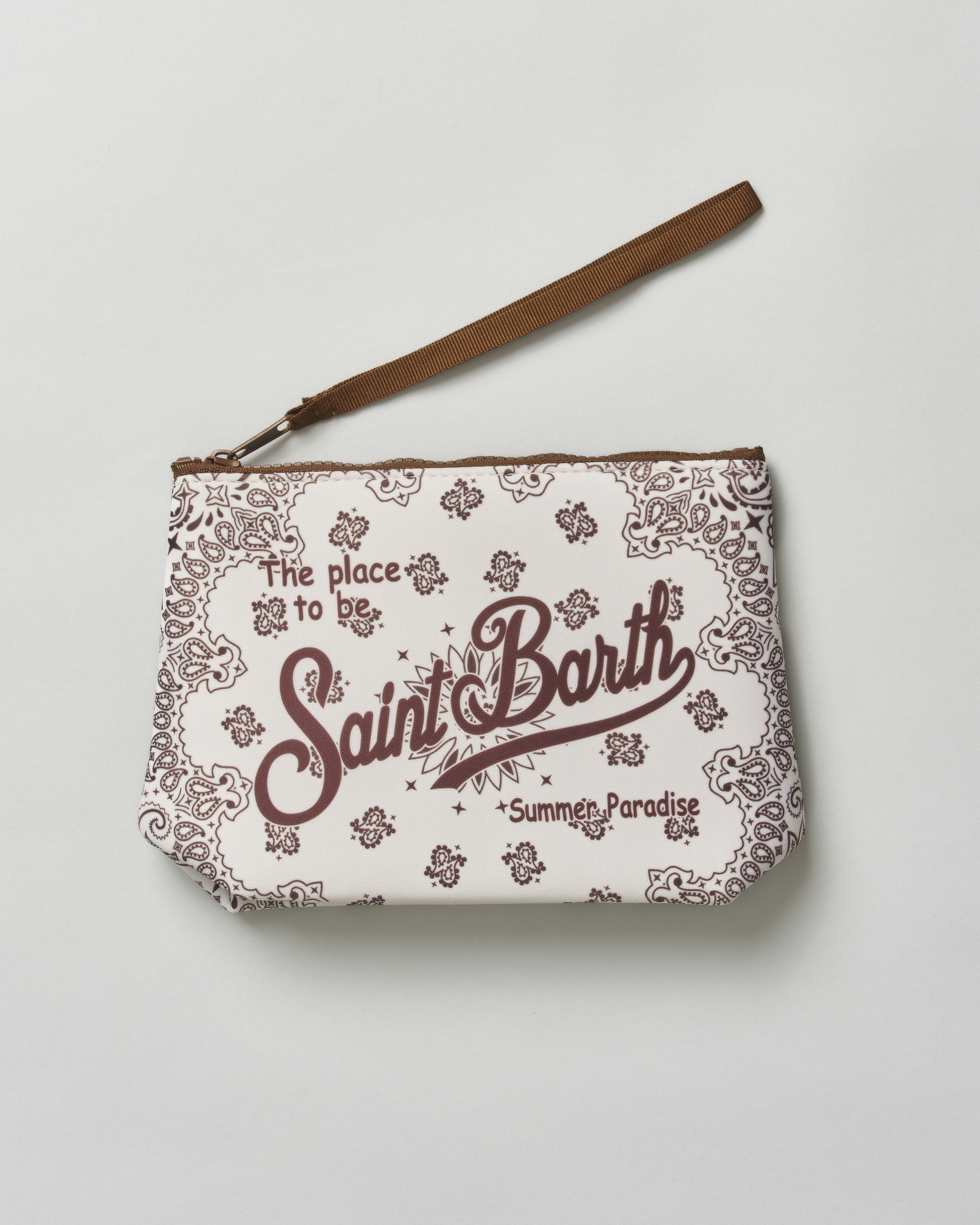 Pochette Aline bianca in scuba fantasia paisley con scritta logo stampata