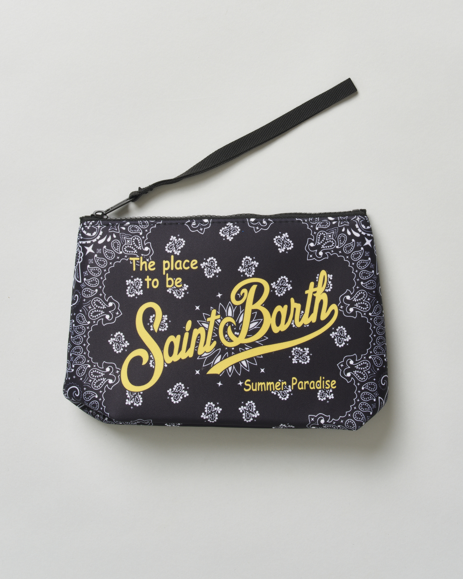 Pochette MC2 Saint Barth Aline nera in scuba fantasia paisley con scritta logo stampata