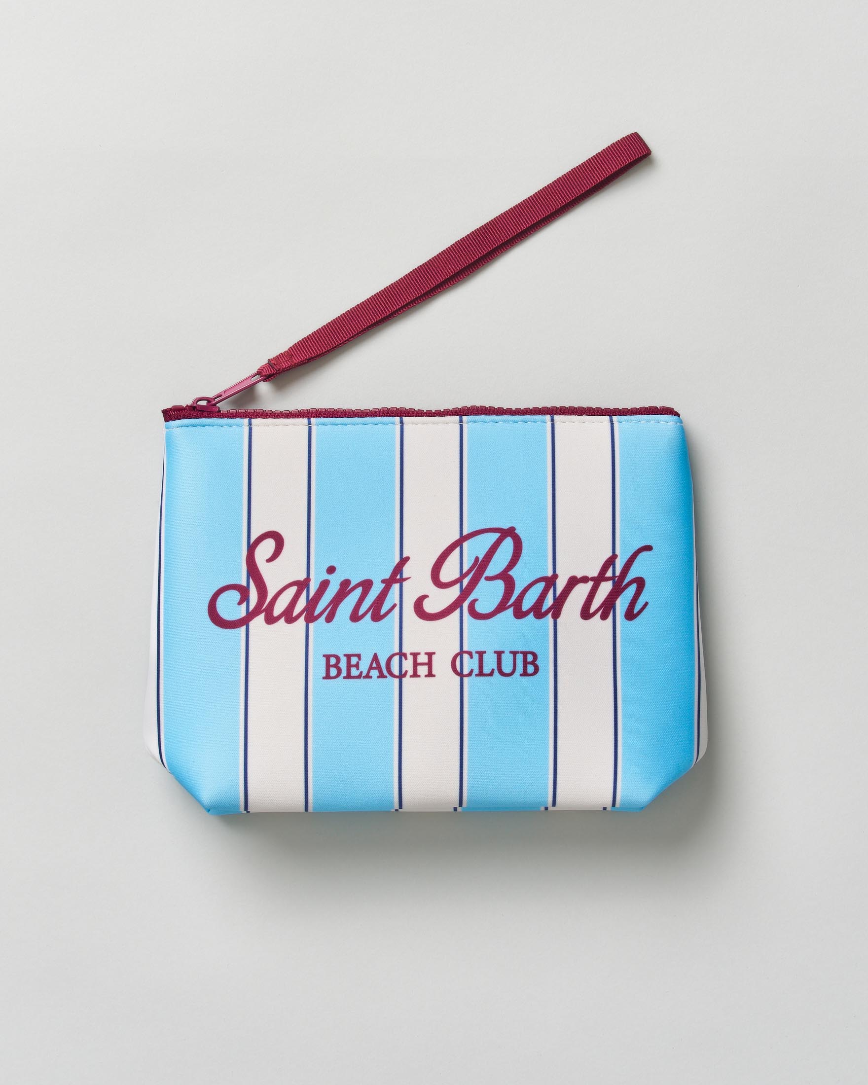 Pochette Aline in scuba a righe larghe azzurre e bianche con laccetto laterale
